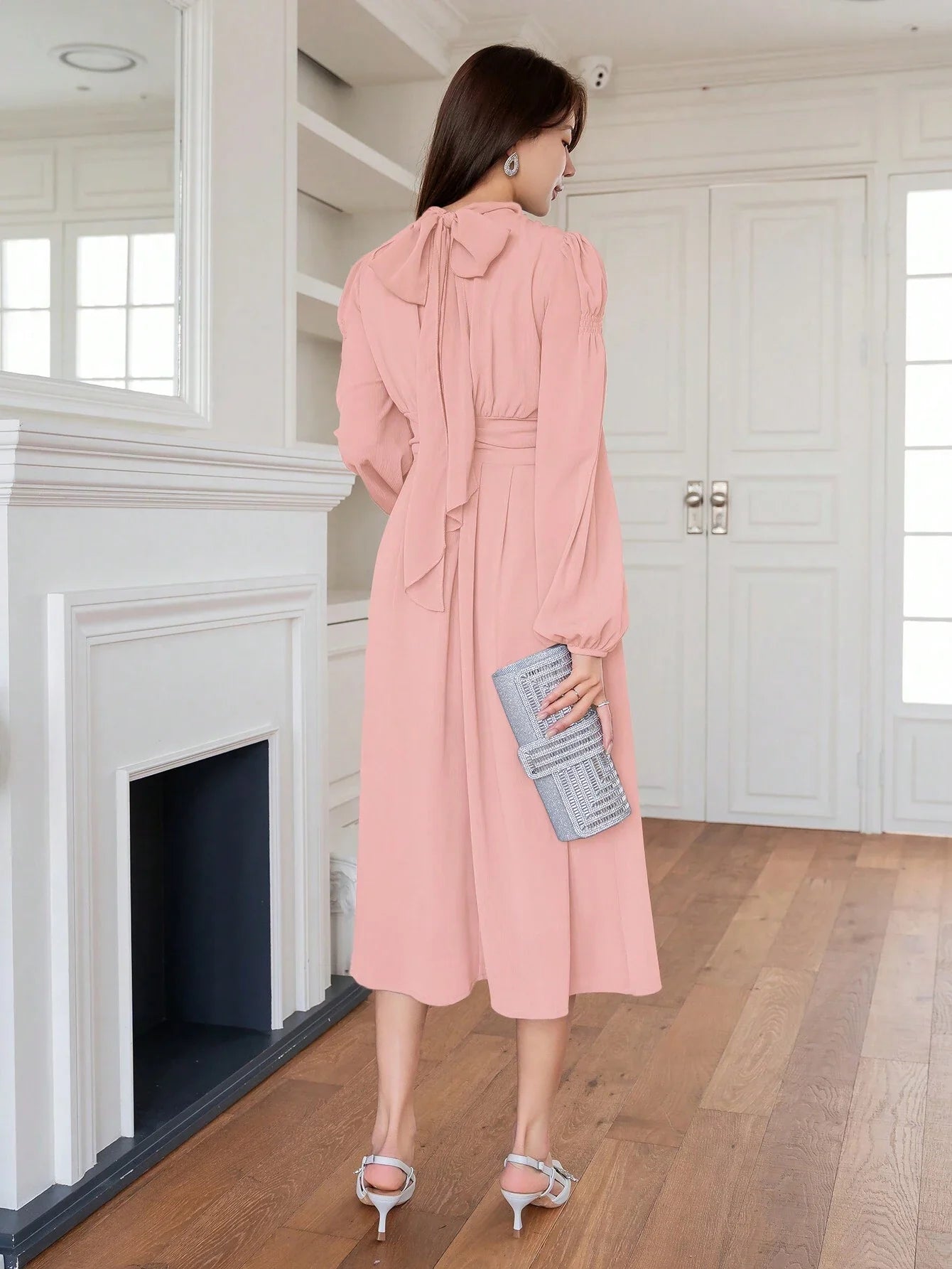 Buy SHEIN DAZY Elegant And Gentle Style Back-Tied Lantern Sleeve Dress For Spring And Summer in Pakistan