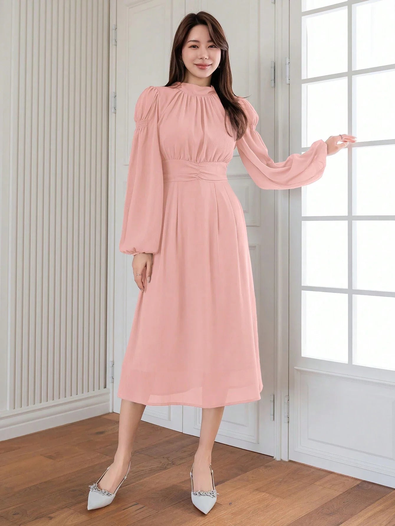 Buy SHEIN DAZY Elegant And Gentle Style Back-Tied Lantern Sleeve Dress For Spring And Summer in Pakistan