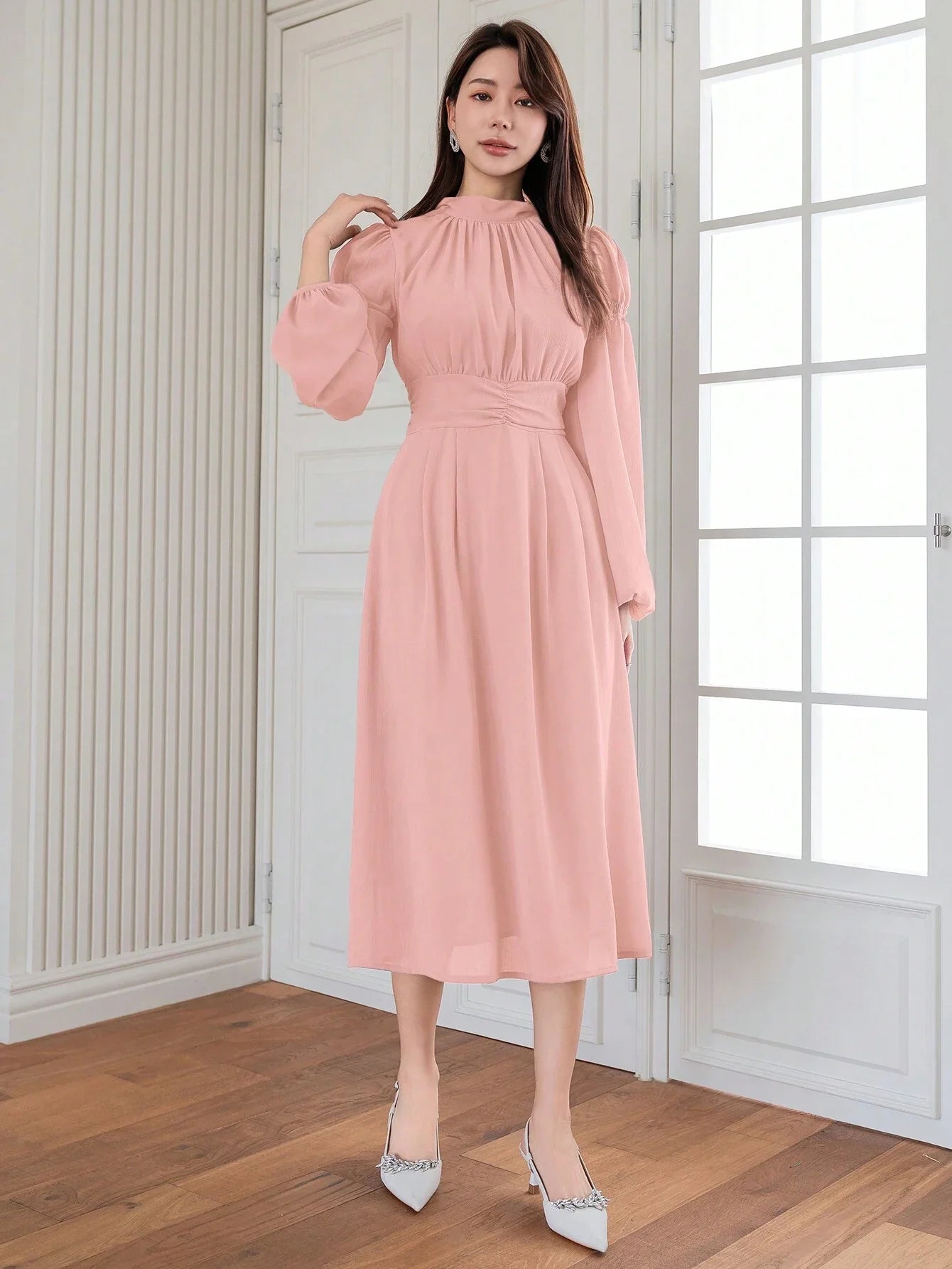 Buy SHEIN DAZY Elegant And Gentle Style Back-Tied Lantern Sleeve Dress For Spring And Summer in Pakistan