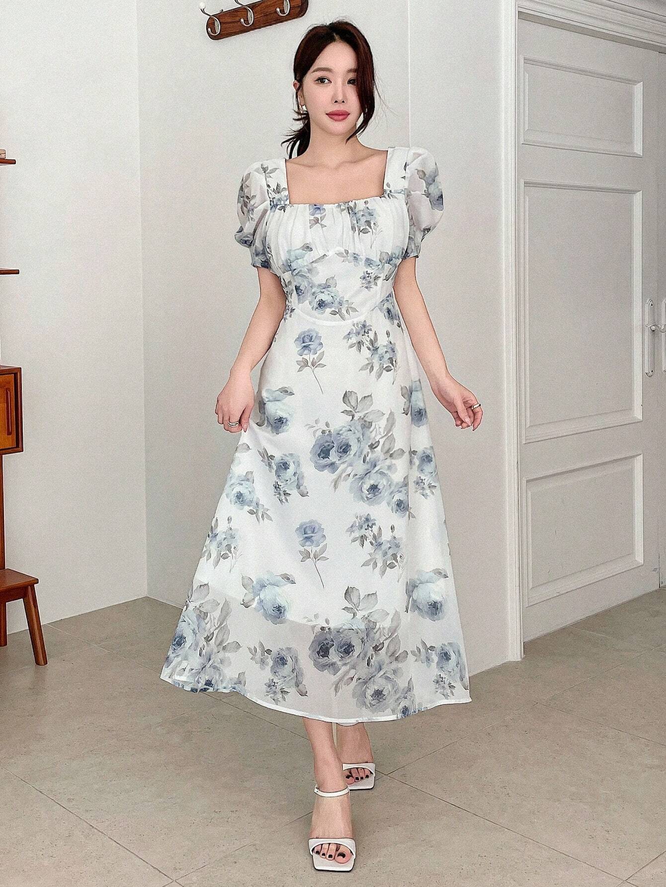 Buy SHEIN DAZY Elegant Floral Print Square Neck Puff Sleeve Dress For Spring And Summer in Pakistan