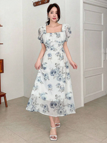 Buy SHEIN DAZY Elegant Floral Print Square Neck Puff Sleeve Dress For Spring And Summer in Pakistan