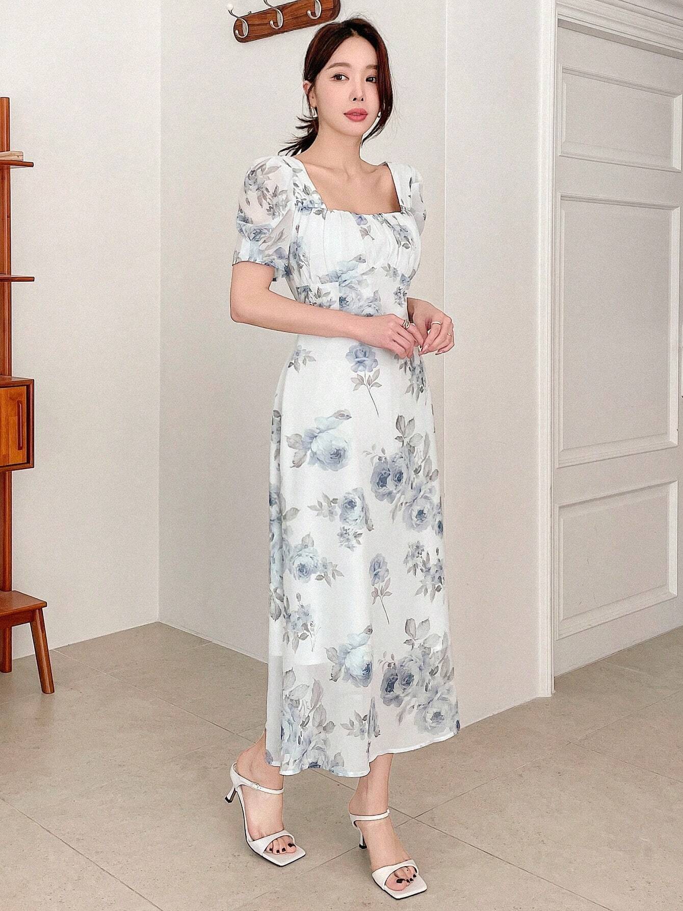 Buy SHEIN DAZY Elegant Floral Print Square Neck Puff Sleeve Dress For Spring And Summer in Pakistan