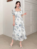 Buy SHEIN DAZY Elegant Floral Print Square Neck Puff Sleeve Dress For Spring And Summer in Pakistan