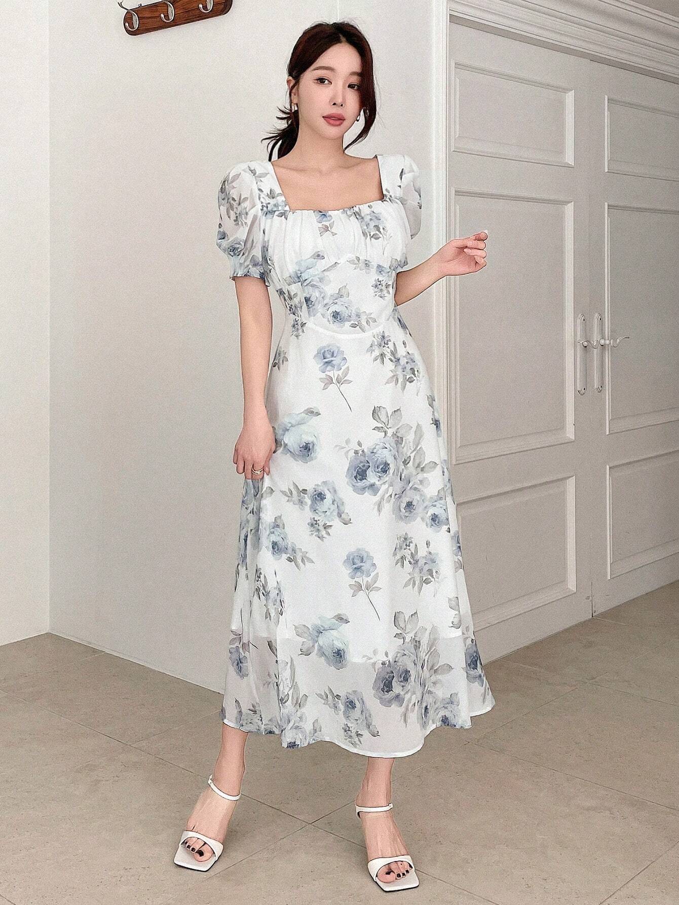 Buy SHEIN DAZY Elegant Floral Print Square Neck Puff Sleeve Dress For Spring And Summer in Pakistan