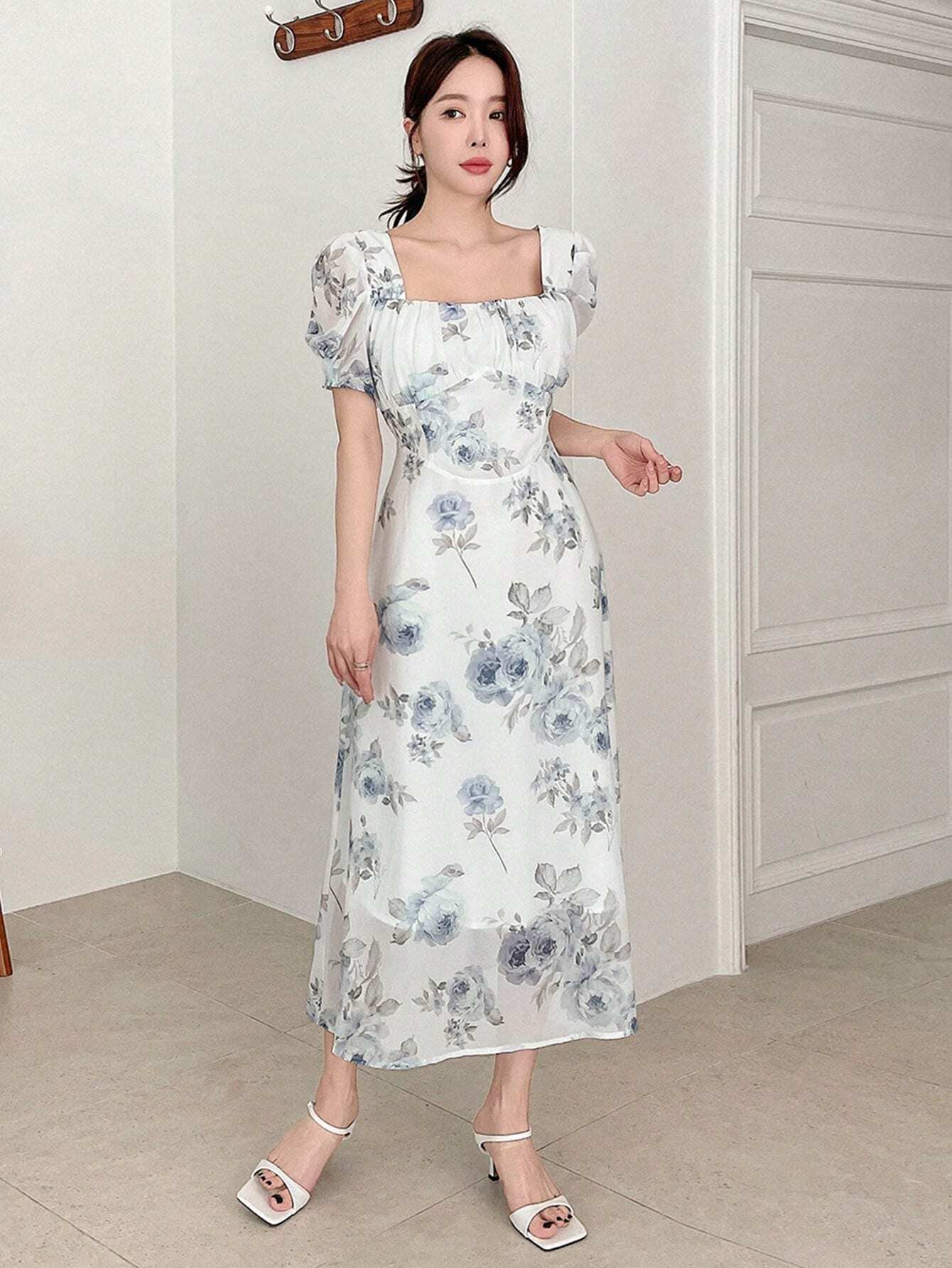 Buy SHEIN DAZY Elegant Floral Print Square Neck Puff Sleeve Dress For Spring And Summer in Pakistan