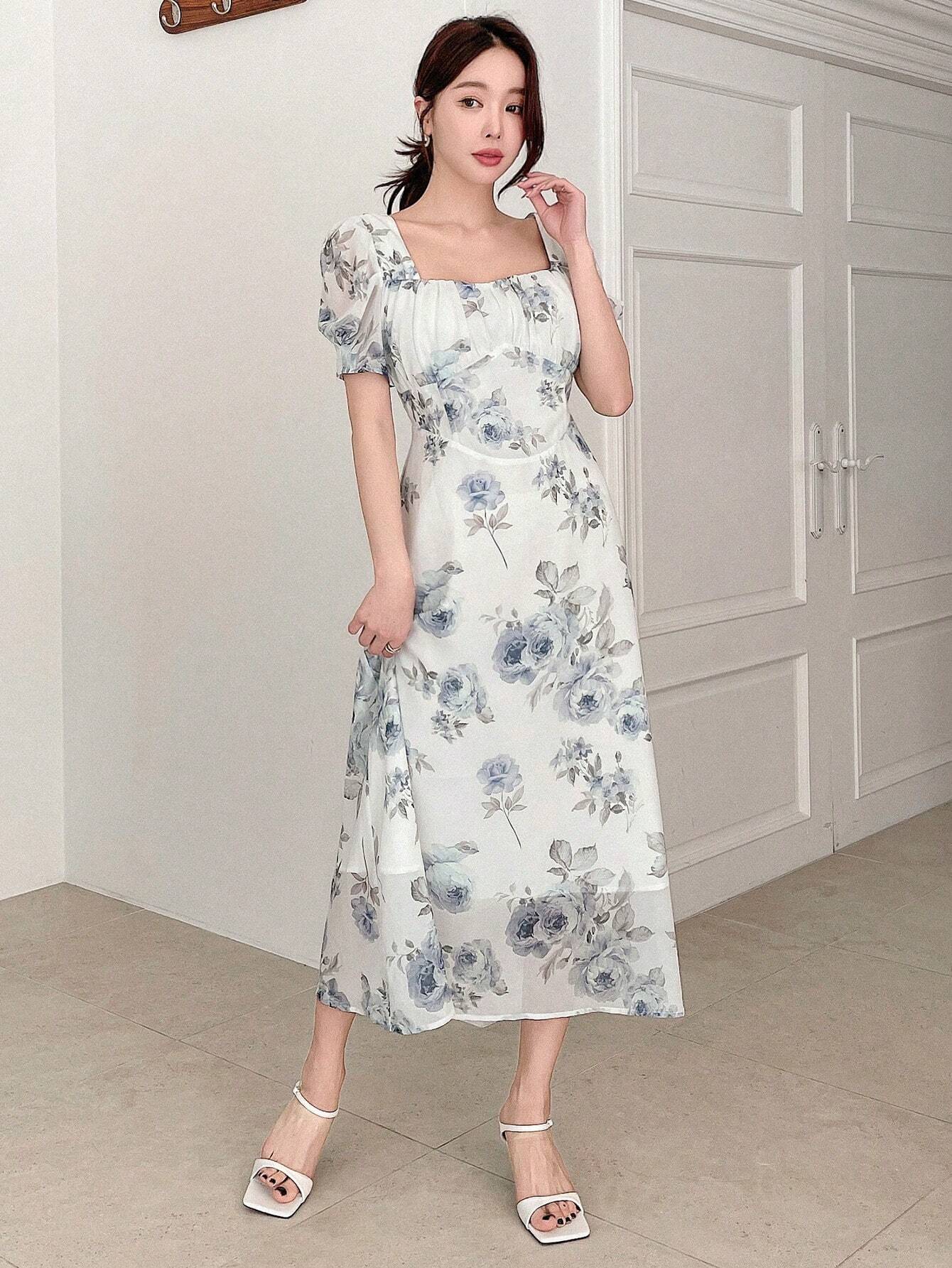 Buy SHEIN DAZY Elegant Floral Print Square Neck Puff Sleeve Dress For Spring And Summer in Pakistan