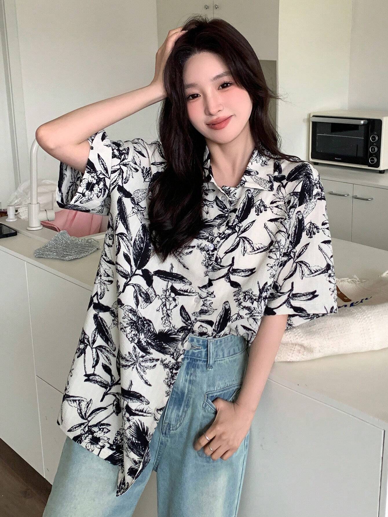 Buy SHEIN DAZY Floral Print Button-Down Short Sleeve Shirt in Pakistan