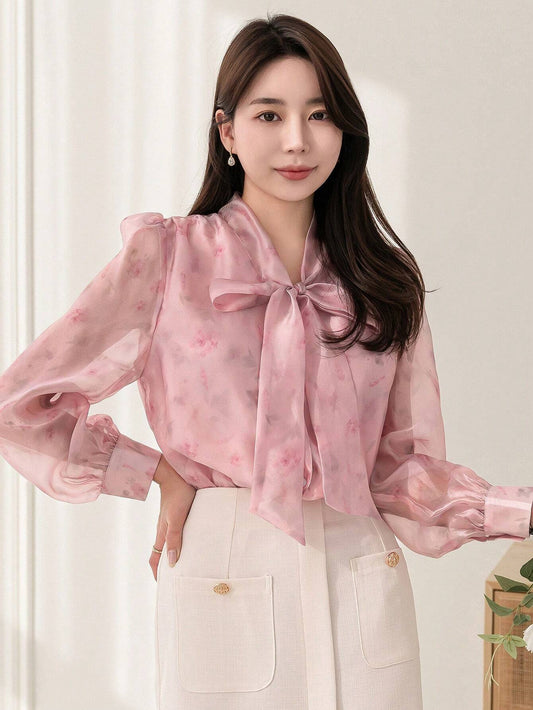 Buy SHEIN DAZY Floral Print Collar Bow Tie Decorated Long Sleeve Shirt in Pakistan