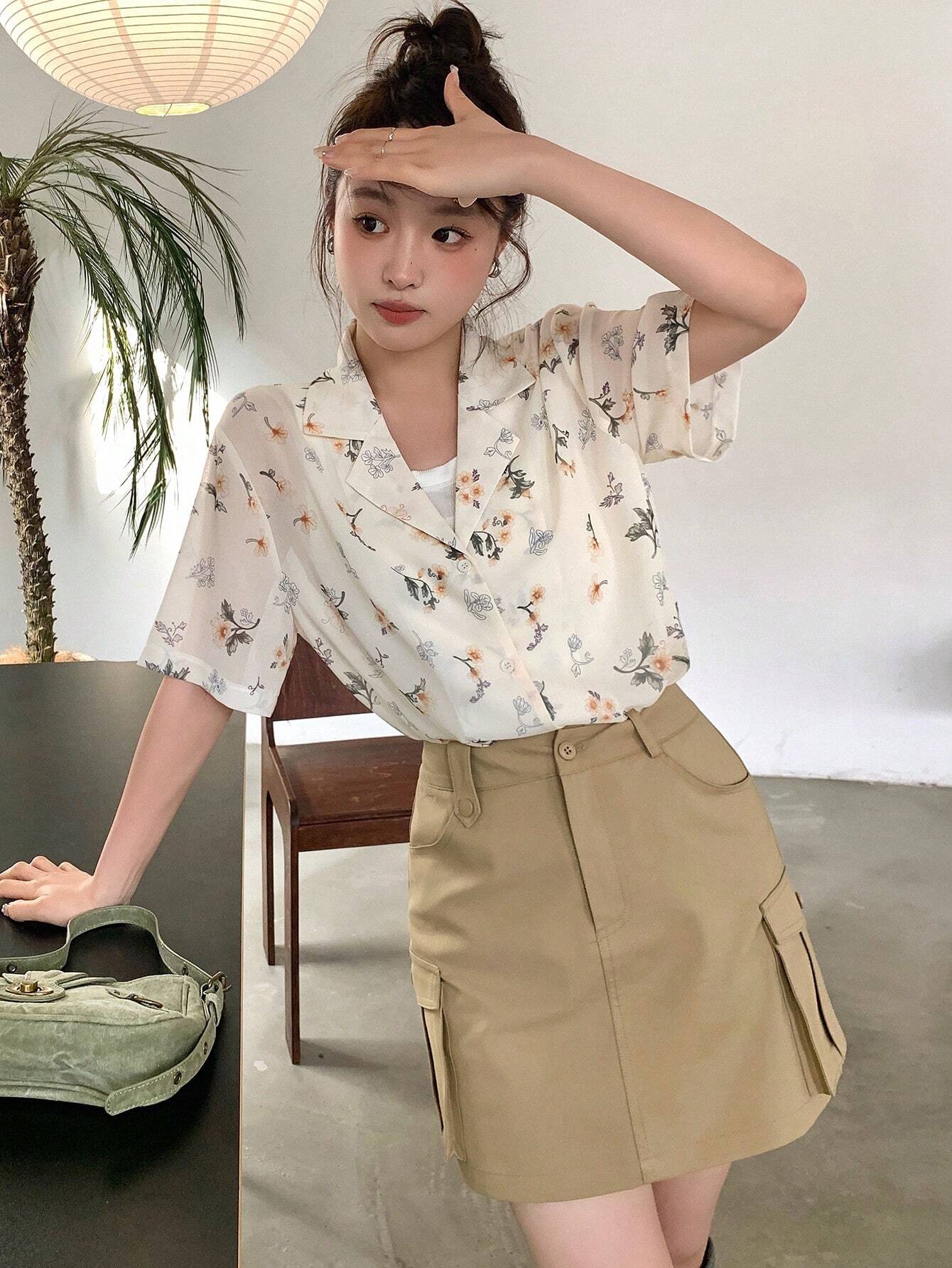 Buy SHEIN DAZY Floral Print Turn-Down Collar Loose Short Sleeve Women's Shirt in Pakistan