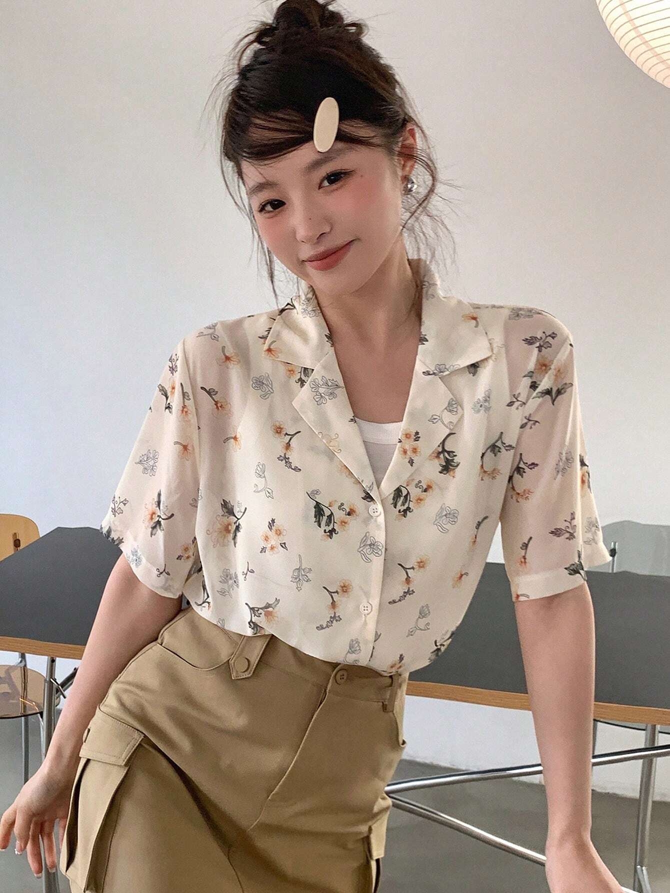 Buy SHEIN DAZY Floral Print Turn-Down Collar Loose Short Sleeve Women's Shirt in Pakistan