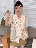 Buy SHEIN DAZY Floral Print Turn-Down Collar Loose Short Sleeve Women's Shirt in Pakistan