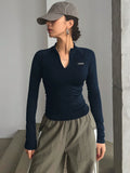 Buy DAZY Half Turtleneck Half Placket Letter Silicone Printed Slim Fit Long Sleeve Women T-Shirt in Pakistan