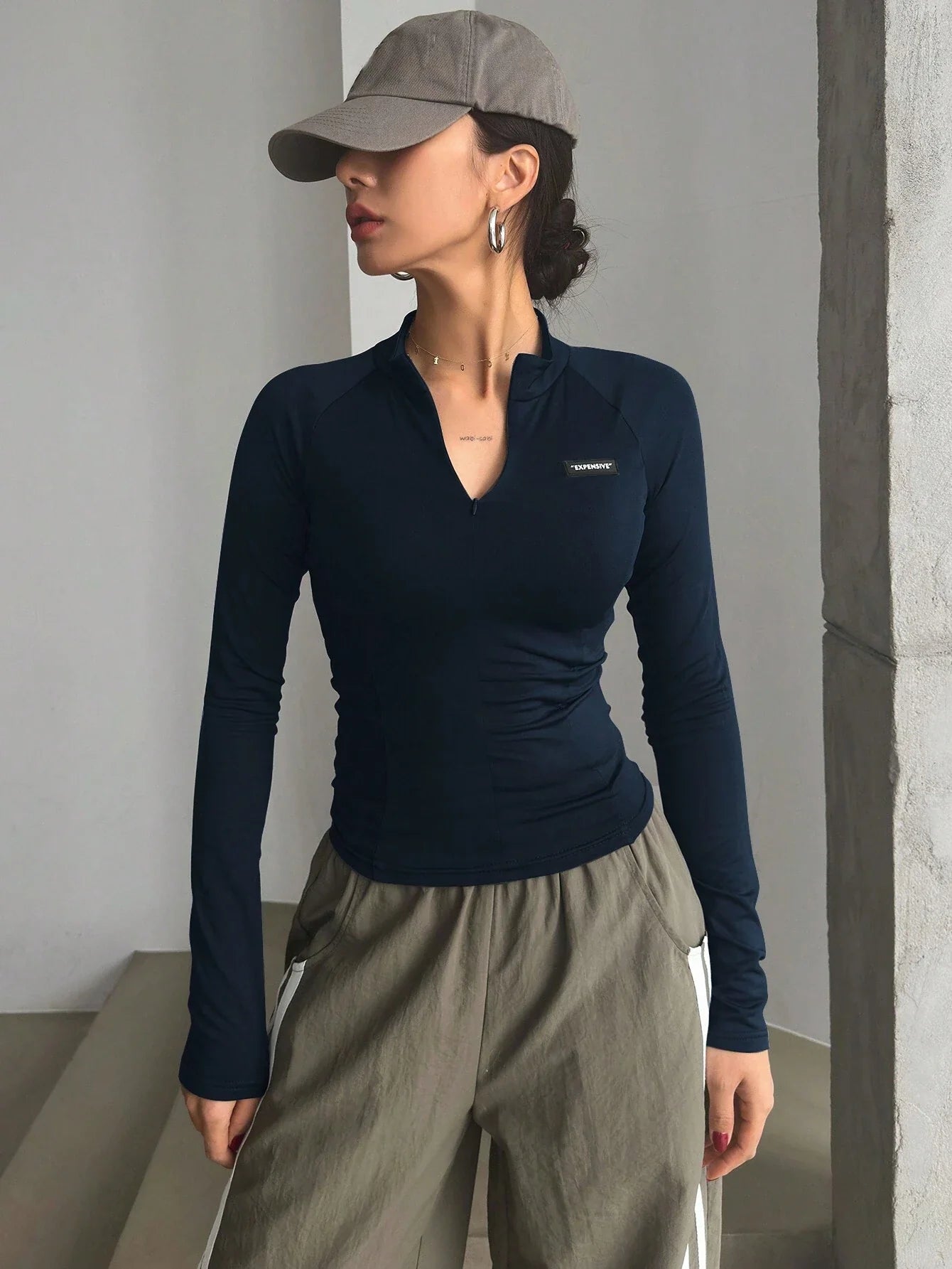 Buy DAZY Half Turtleneck Half Placket Letter Silicone Printed Slim Fit Long Sleeve Women T-Shirt in Pakistan