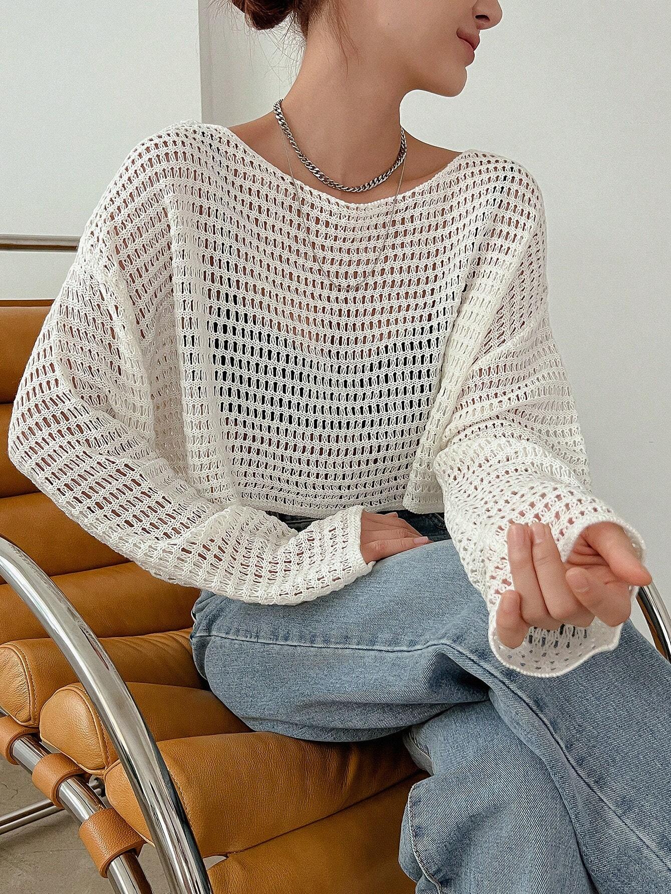 Buy SHEIN DAZY Hollow Out Drop Shoulder Crop Sweater in Pakistan