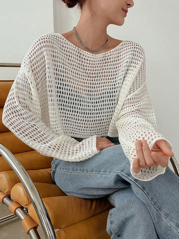 Buy SHEIN DAZY Hollow Out Drop Shoulder Crop Sweater in Pakistan
