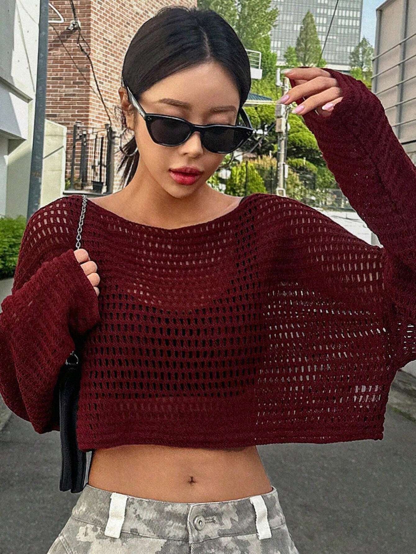 Buy SHEIN DAZY Hollow Out Round Neck Drop Shoulder Oversize Crop Sweater,Long Sleeve Tops Summer Sheer in Pakistan