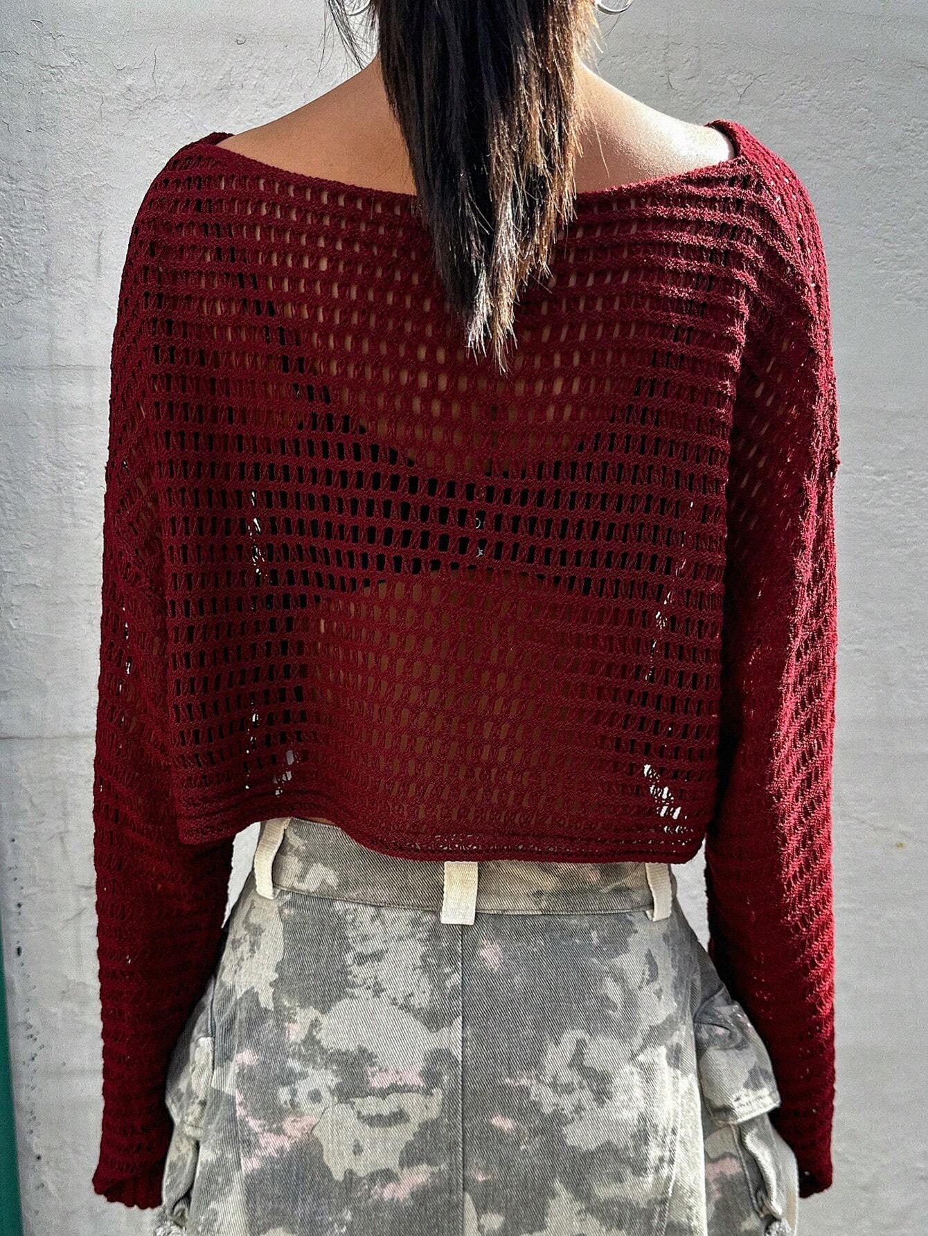 Buy SHEIN DAZY Hollow Out Round Neck Drop Shoulder Oversize Crop Sweater,Long Sleeve Tops Summer Sheer in Pakistan