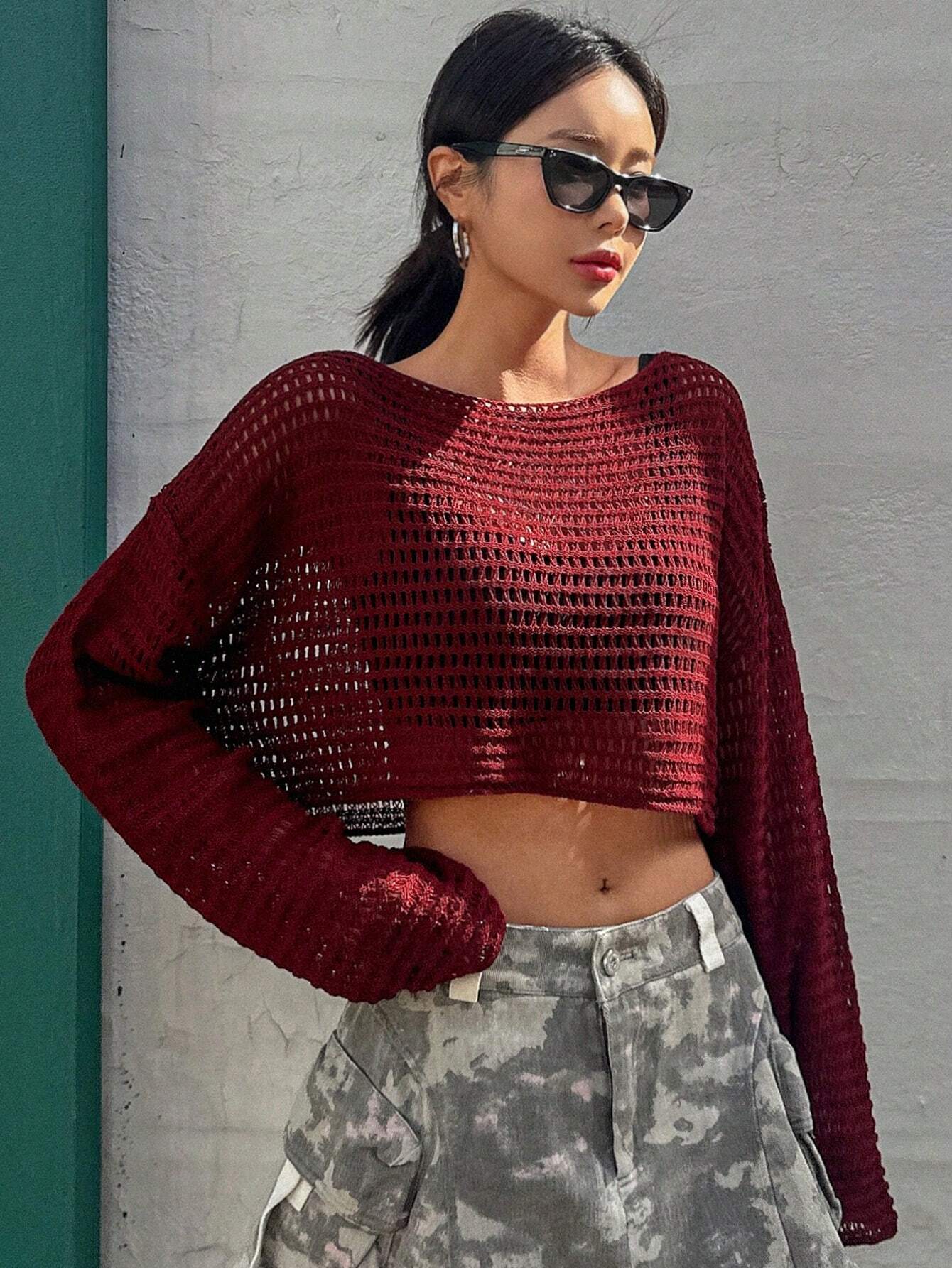 Buy SHEIN DAZY Hollow Out Round Neck Drop Shoulder Oversize Crop Sweater,Long Sleeve Tops Summer Sheer in Pakistan
