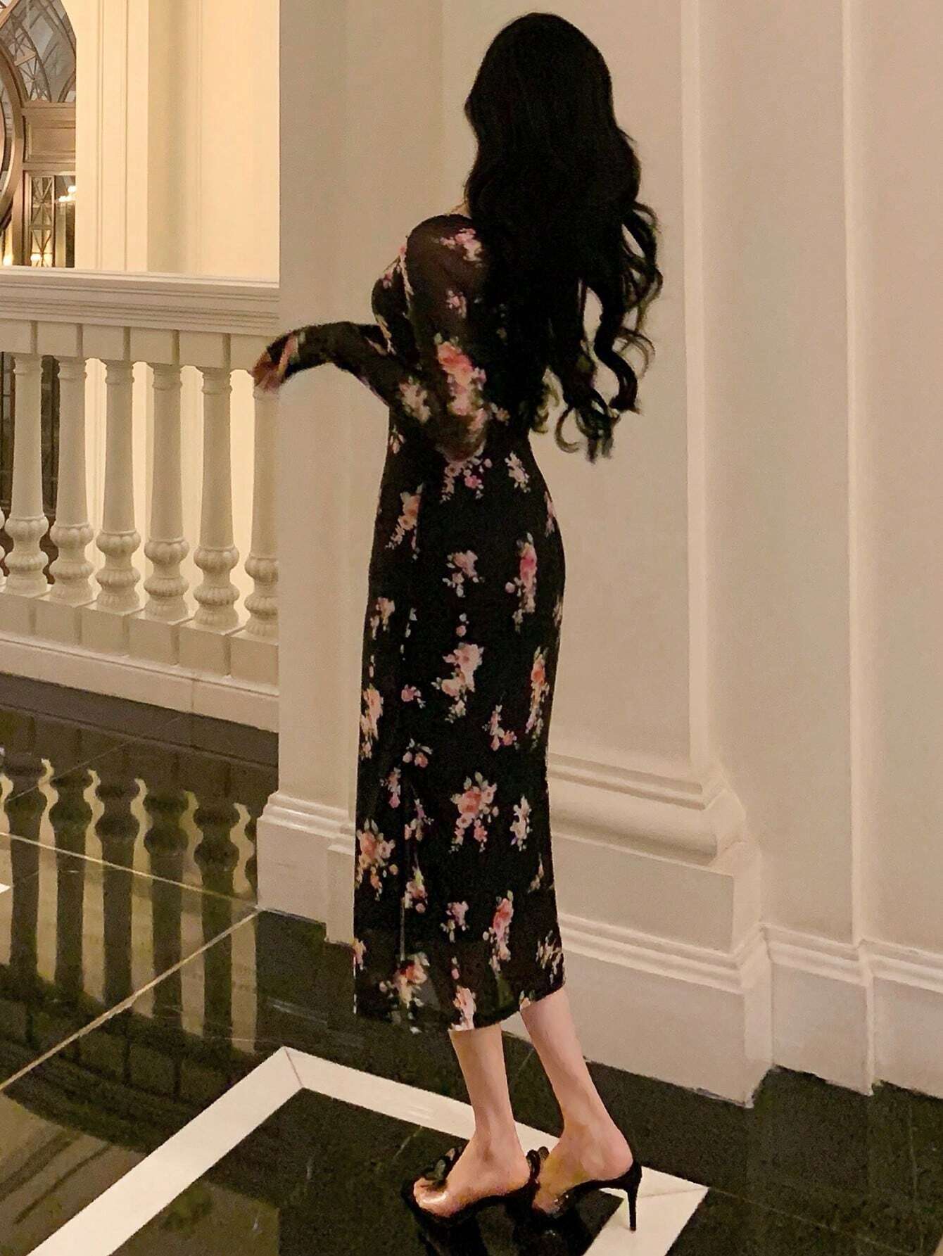 Buy DAZY Homecoming Mesh Floral Print Square Neck Dress For Ladies in Pakistan