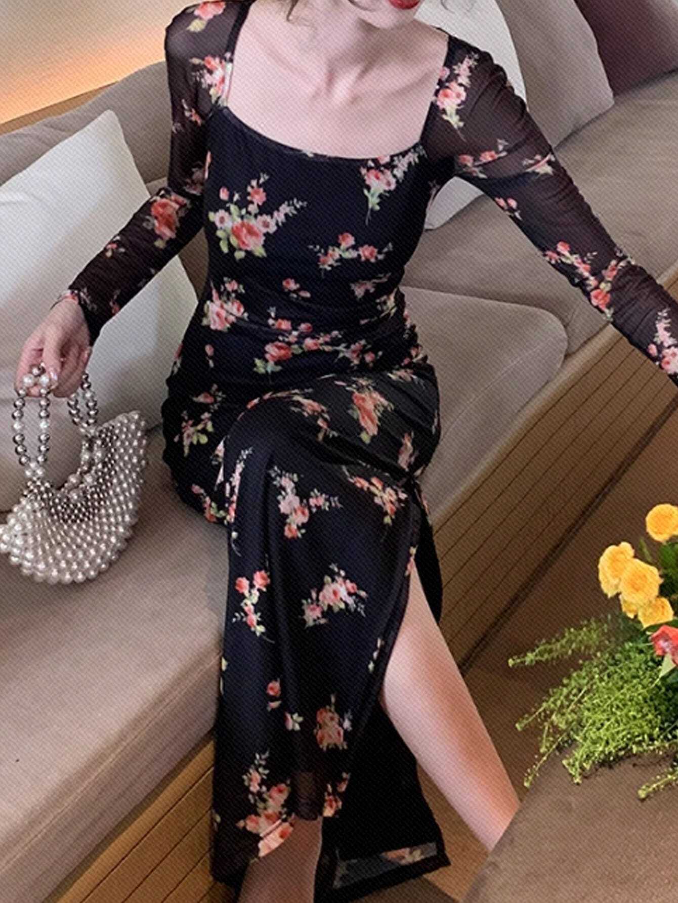 Buy DAZY Homecoming Mesh Floral Print Square Neck Dress For Ladies in Pakistan