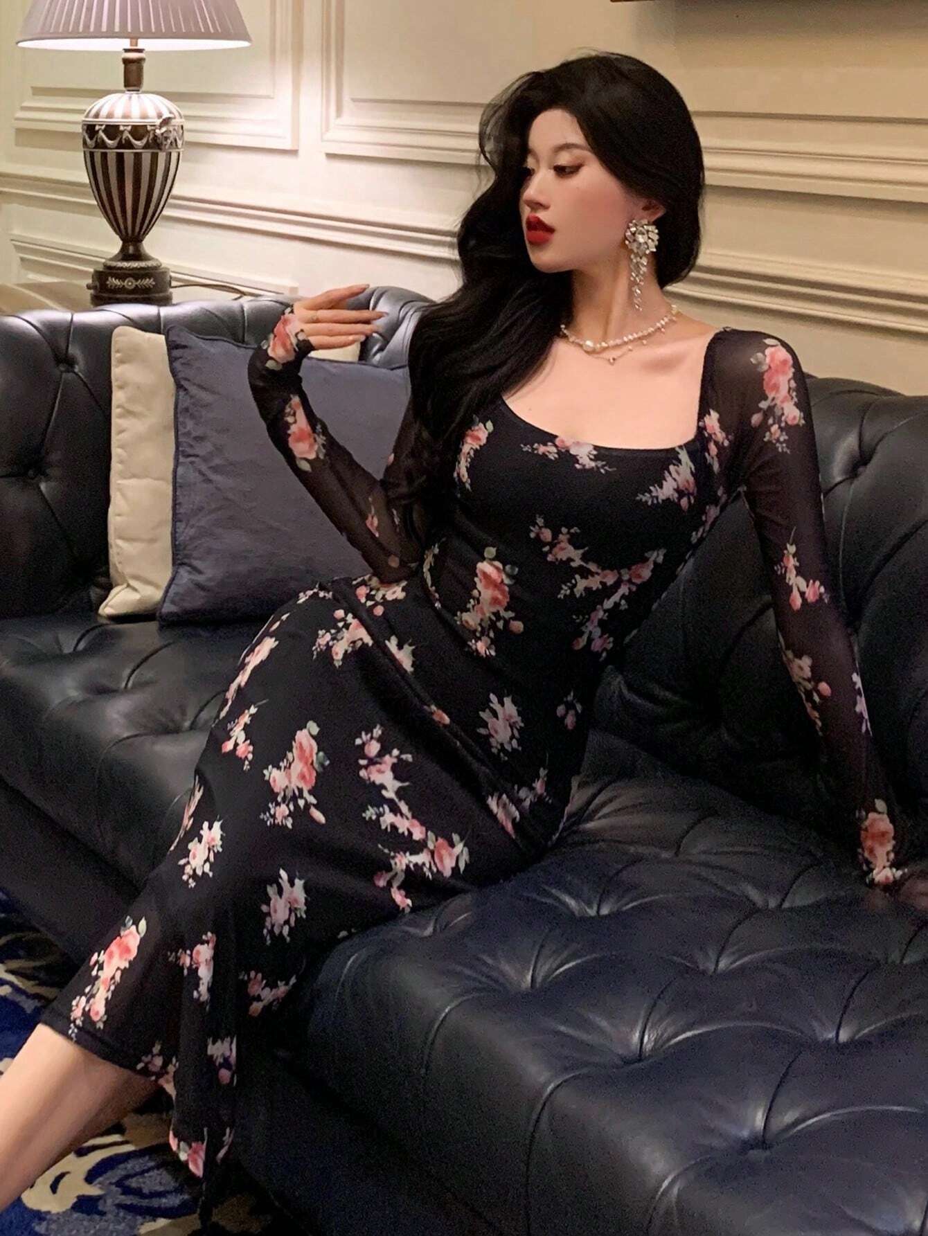 Buy DAZY Homecoming Mesh Floral Print Square Neck Dress For Ladies in Pakistan