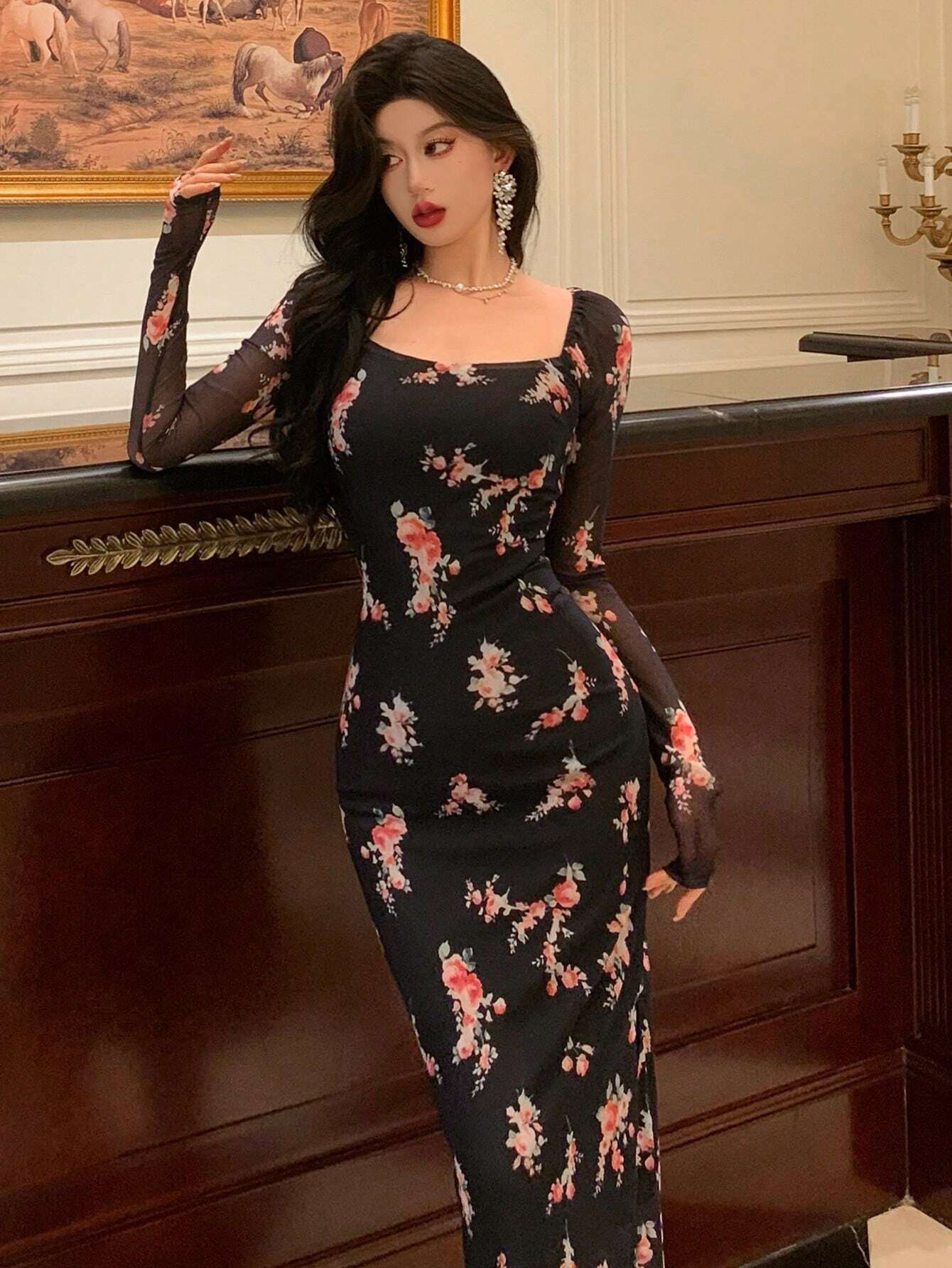 Buy DAZY Homecoming Mesh Floral Print Square Neck Dress For Ladies in Pakistan