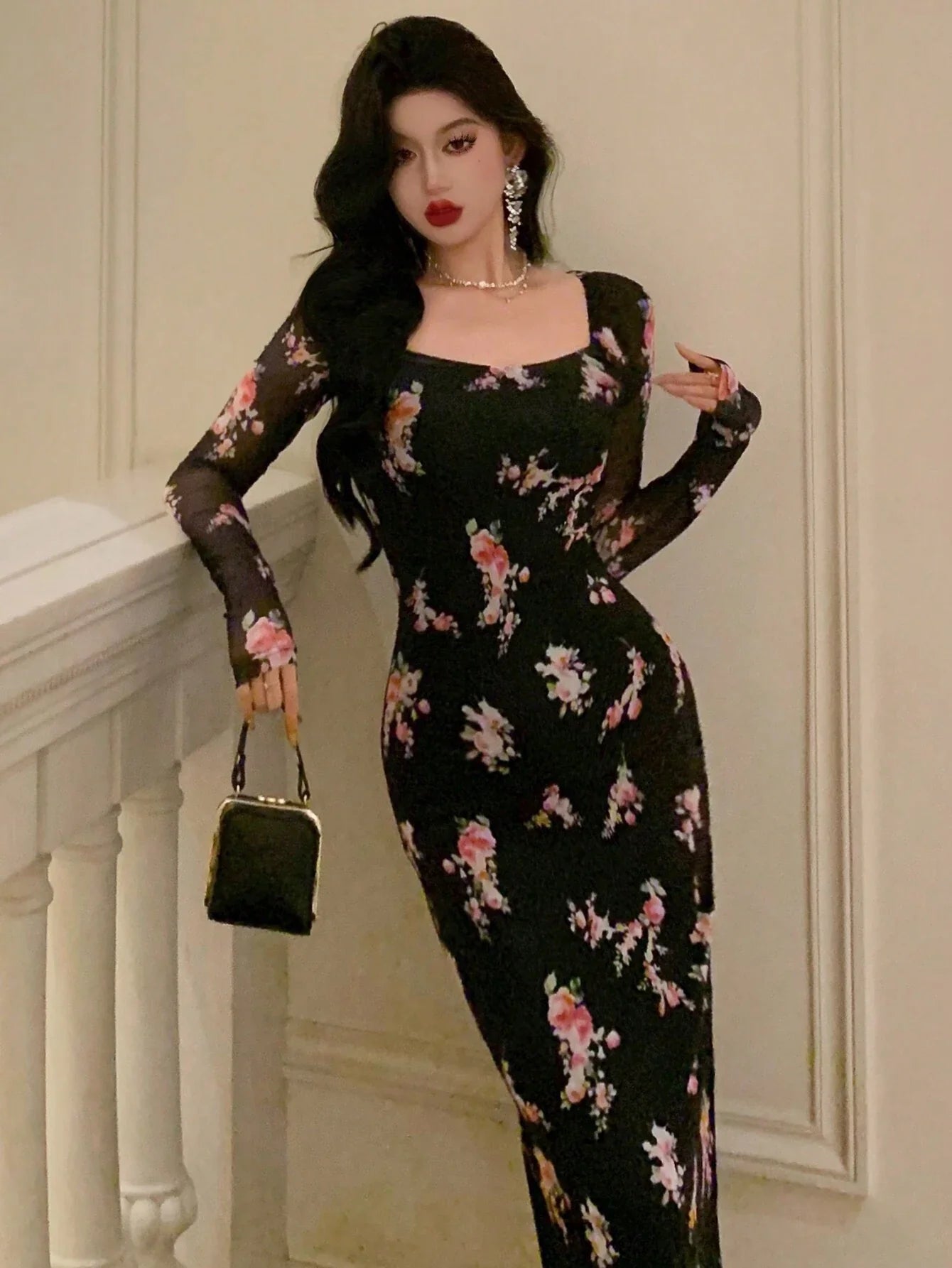 Buy DAZY Homecoming Mesh Floral Print Square Neck Dress For Ladies in Pakistan