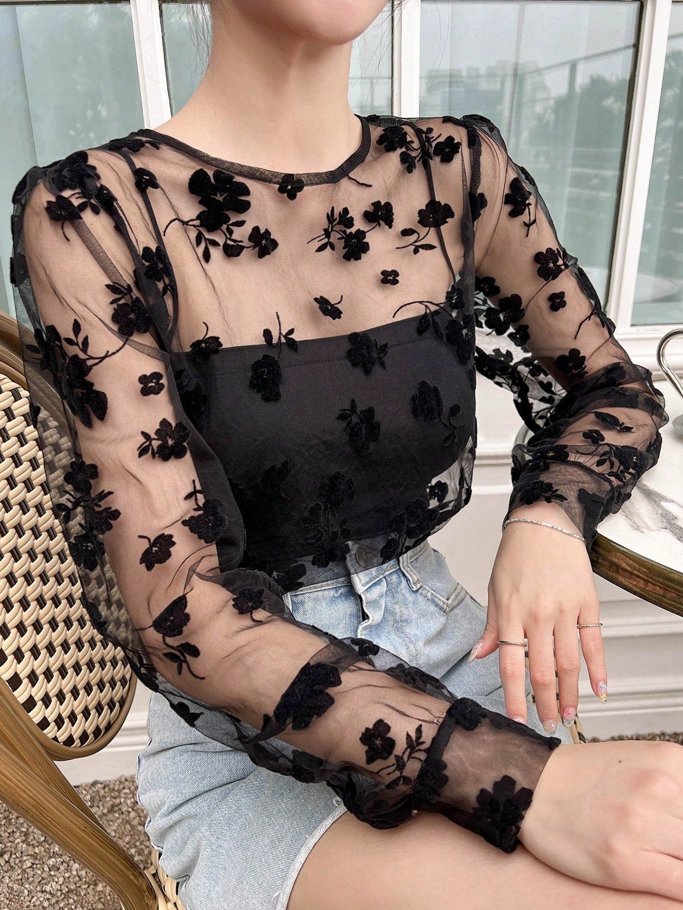 Buy SHEIN DAZY Kpop Floral Embroidery Mesh Top Without Cami Top in Pakistan