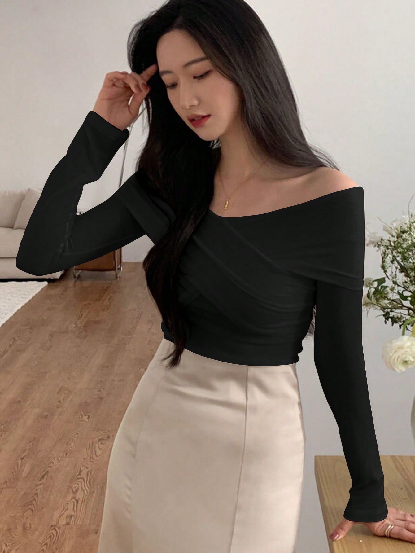 Buy SHEIN DAZY Kpop Solid Off Shoulder Cross Wrap Tee in Pakistan