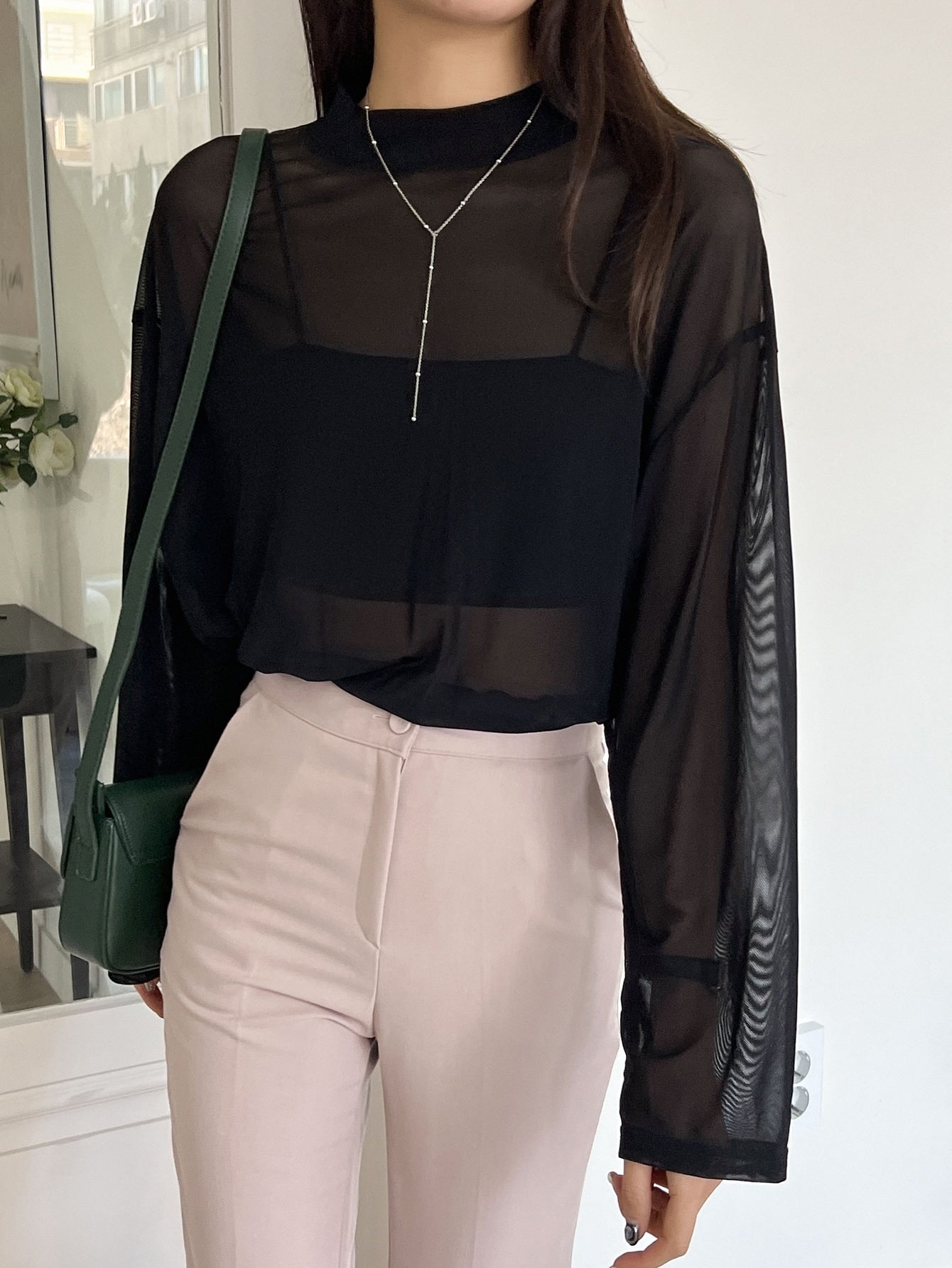 Buy SHEIN DAZY Mock Neck Drop Shoulder Sheer Top Without Tube Top in Pakistan