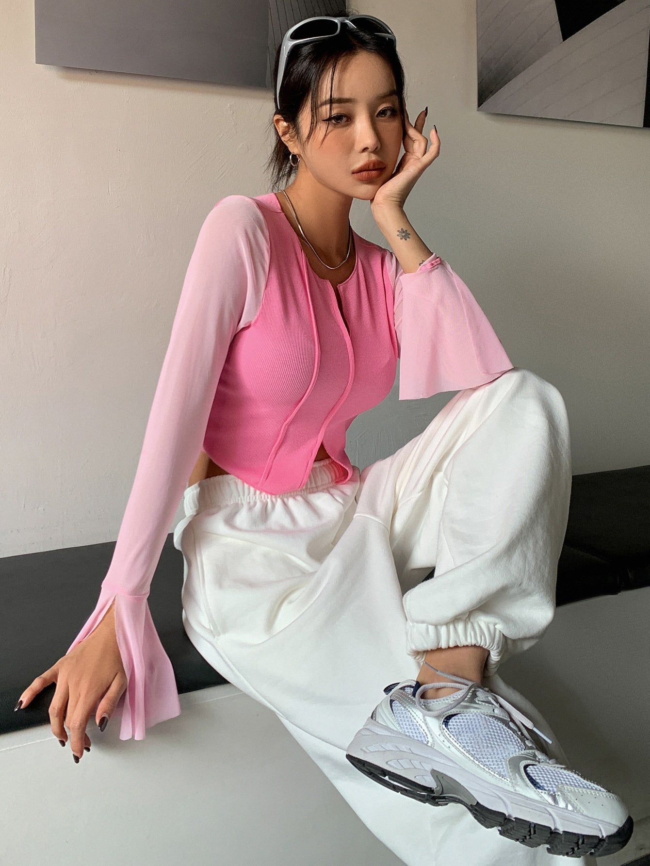 Buy SHEIN DAZY Notched Neckline Flounce Sleeve Crop Tee in Pakistan
