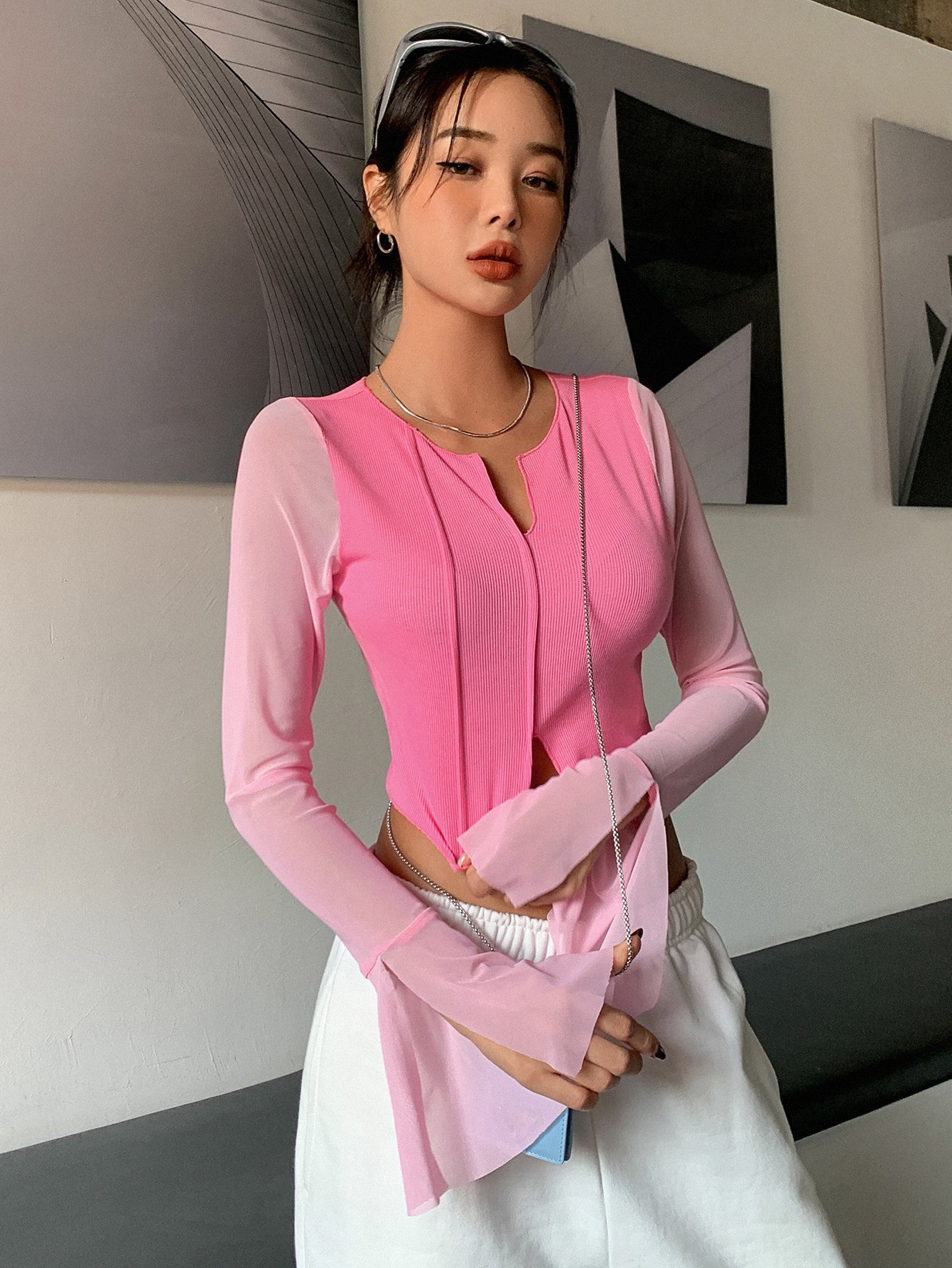 Buy SHEIN DAZY Notched Neckline Flounce Sleeve Crop Tee in Pakistan