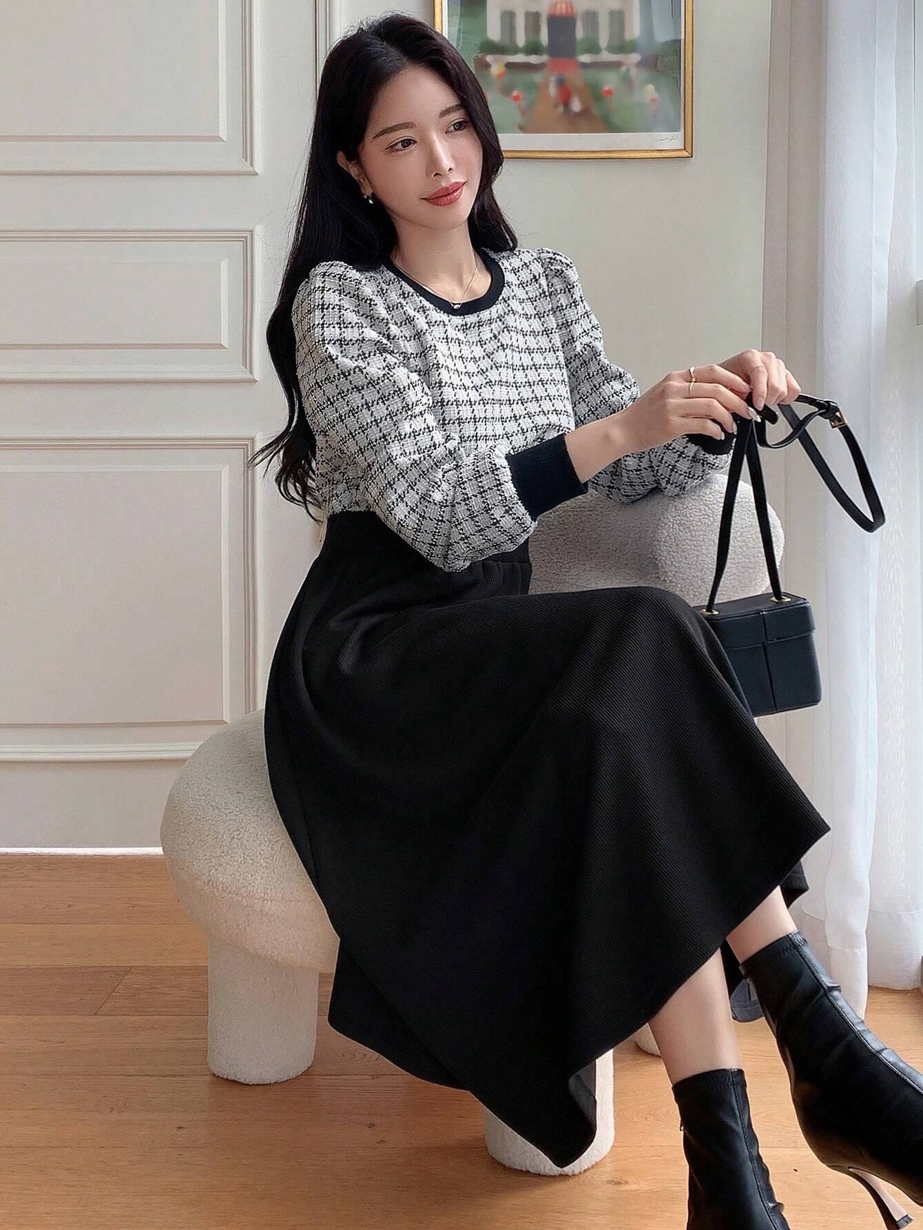 Buy SHEIN DAZY Plaid Print Contrast Binding A-line Dress in Pakistan
