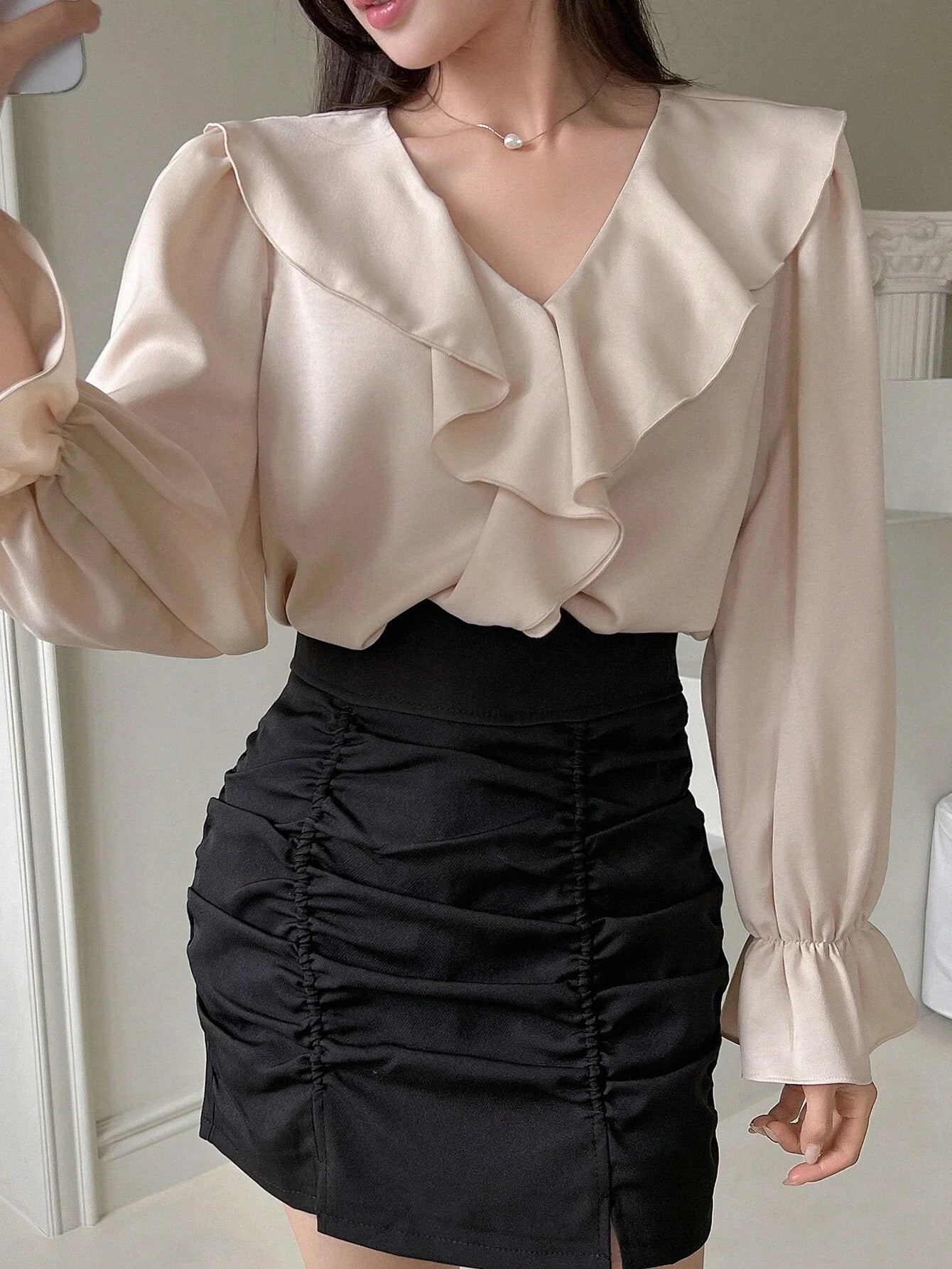 Buy SHEIN DAZY Ruffle Trim Flounce Sleeve Blouse in Pakistan