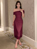 Buy SHEIN DAZY Solid Bardot Ruched Side Mesh Overlay Dress in Pakistan