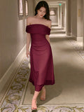 Buy SHEIN DAZY Solid Bardot Ruched Side Mesh Overlay Dress in Pakistan
