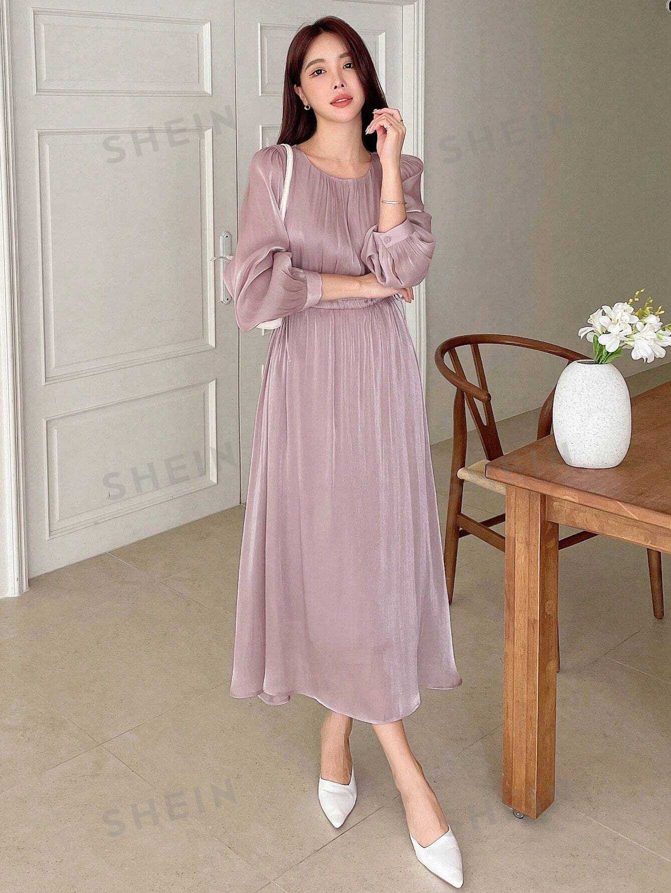 Buy SHEIN DAZY Solid Bishop Sleeve A-line Dress in Pakistan