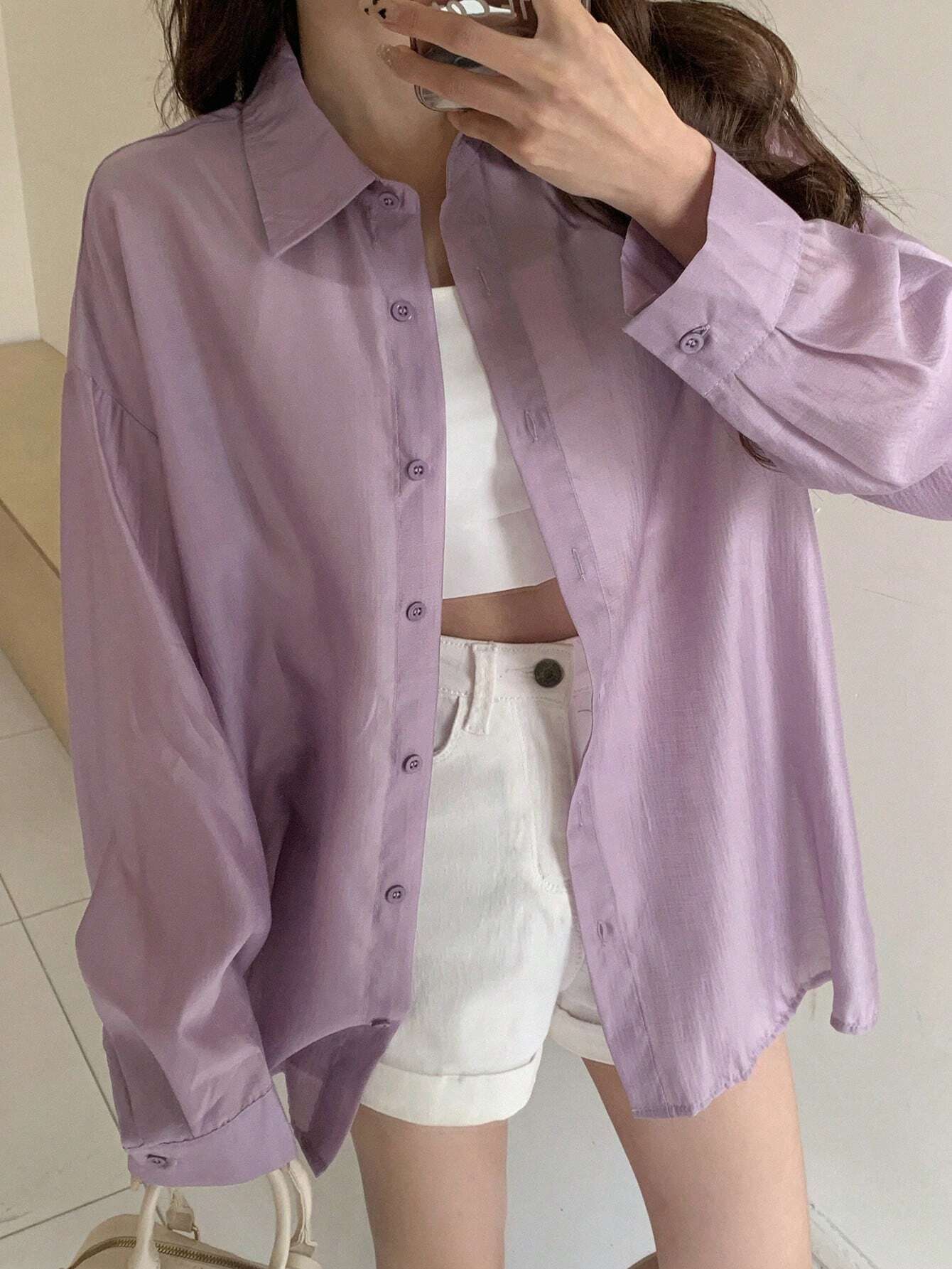 Buy SHEIN DAZY Solid Color Loose Fit Thin Long Sleeve Button Down Shirt in Pakistan