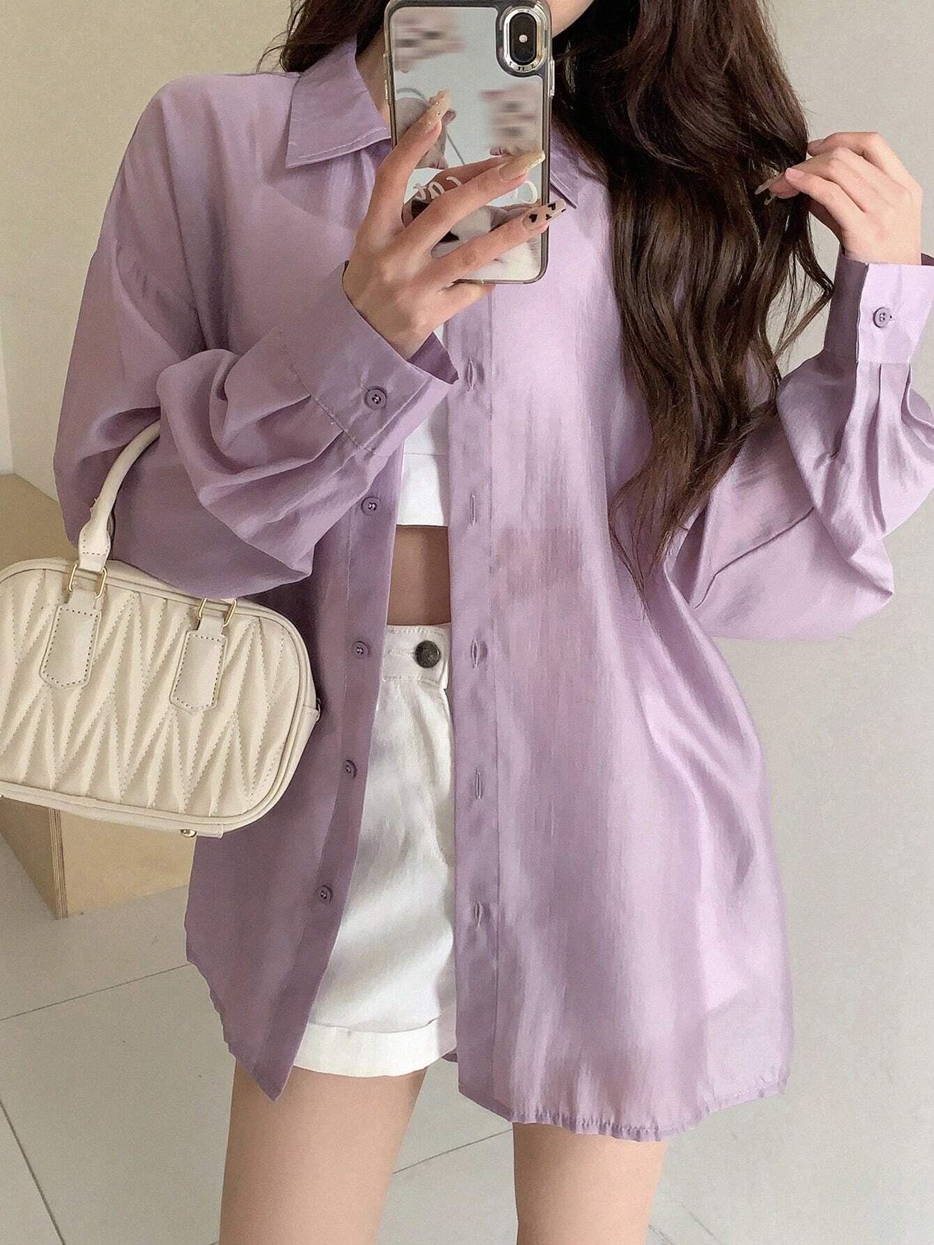 Buy SHEIN DAZY Solid Color Loose Fit Thin Long Sleeve Button Down Shirt in Pakistan