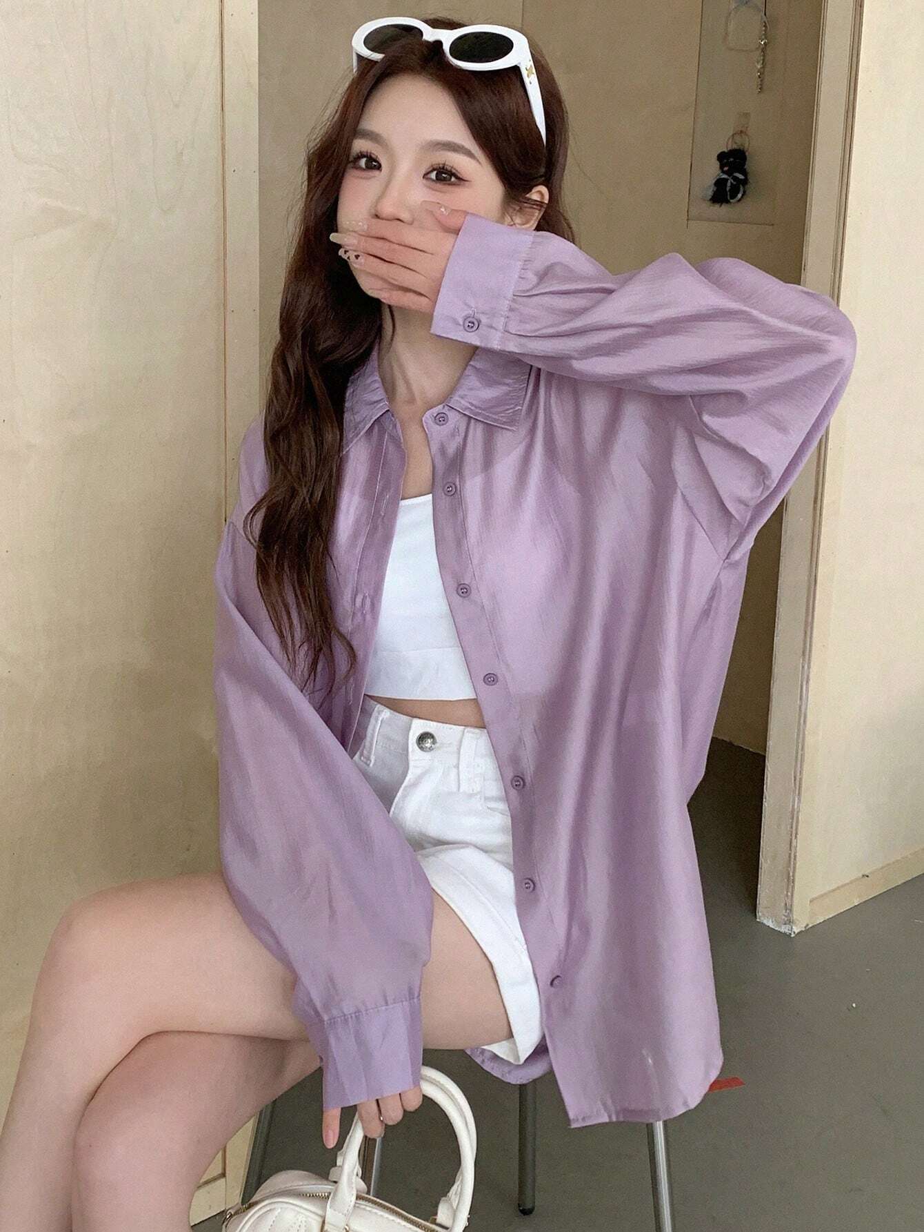 Buy SHEIN DAZY Solid Color Loose Fit Thin Long Sleeve Button Down Shirt in Pakistan