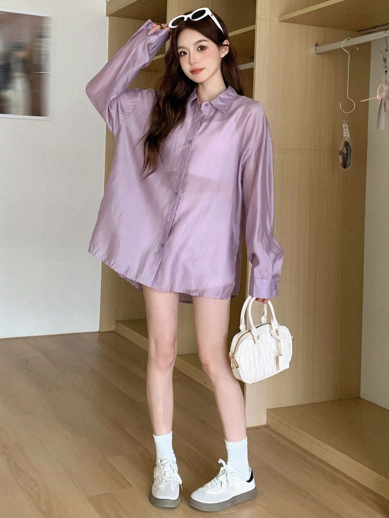 Buy SHEIN DAZY Solid Color Loose Fit Thin Long Sleeve Button Down Shirt in Pakistan