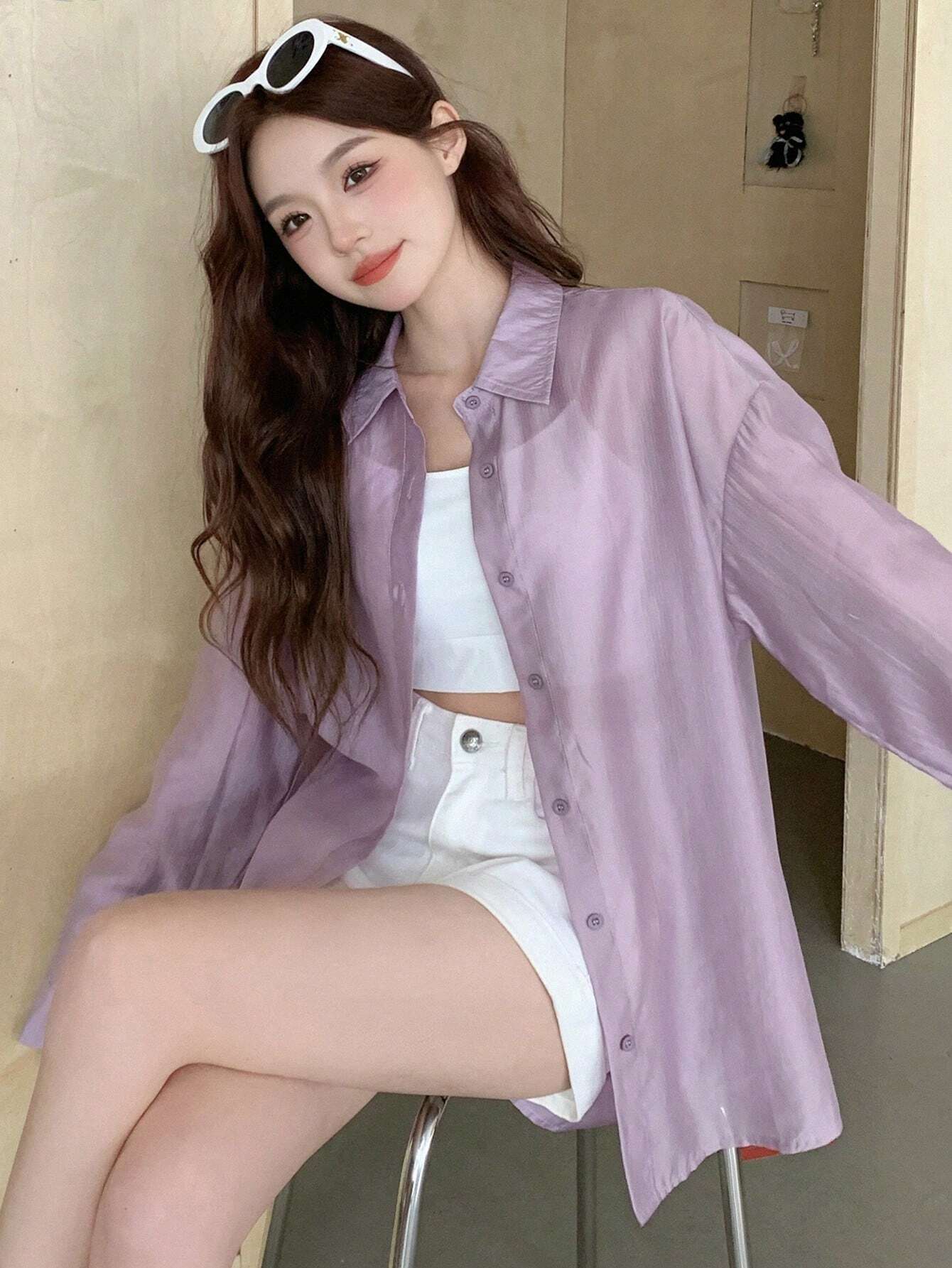 Buy SHEIN DAZY Solid Color Loose Fit Thin Long Sleeve Button Down Shirt in Pakistan