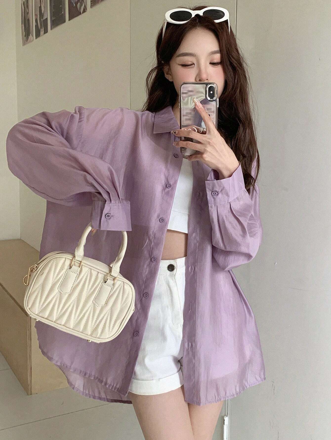 Buy SHEIN DAZY Solid Color Loose Fit Thin Long Sleeve Button Down Shirt in Pakistan