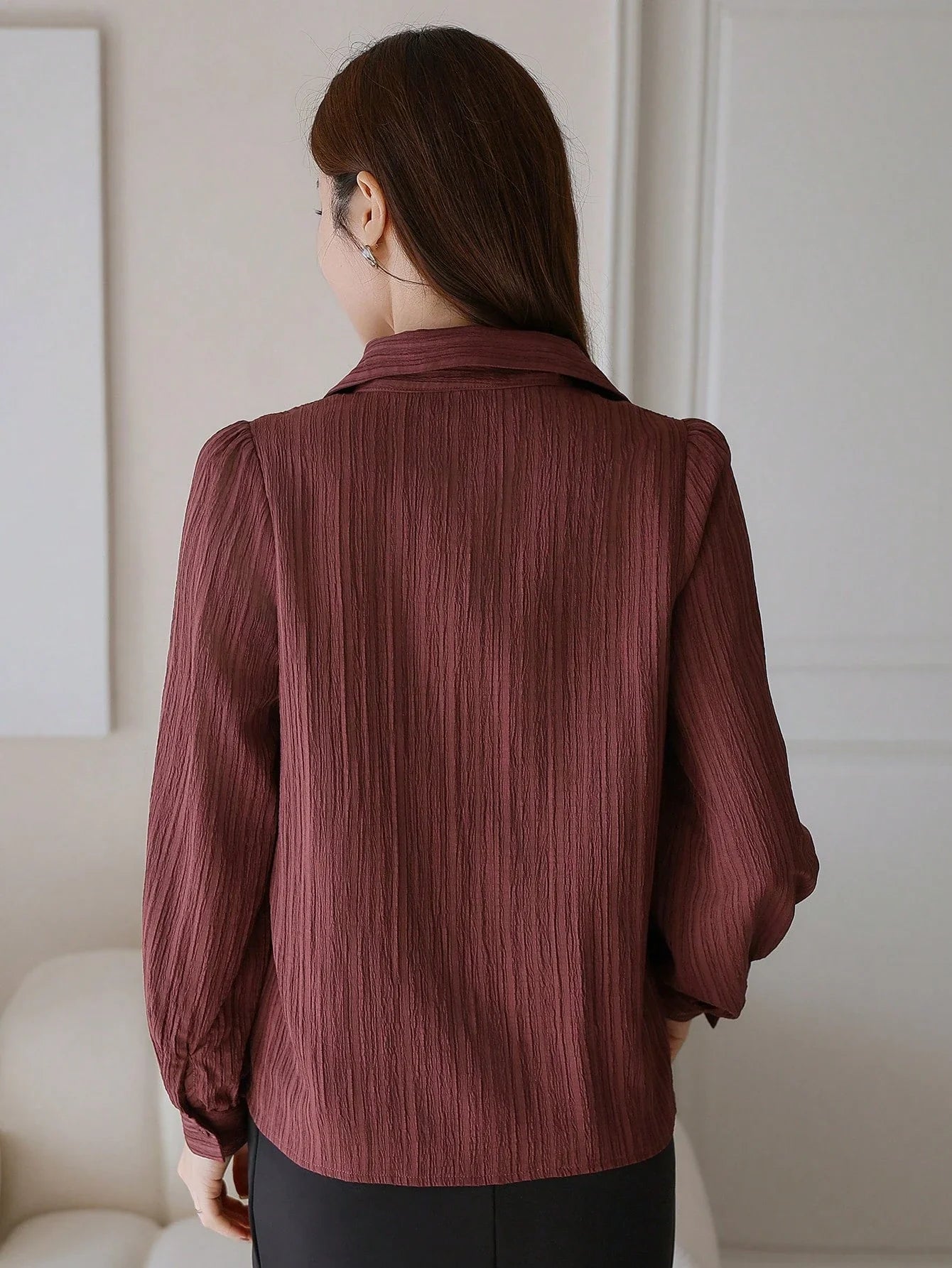 Buy SHEIN DAZY Solid Color Textured Long Sleeve Women's Button-Down Casual Loose Shirt in Pakistan