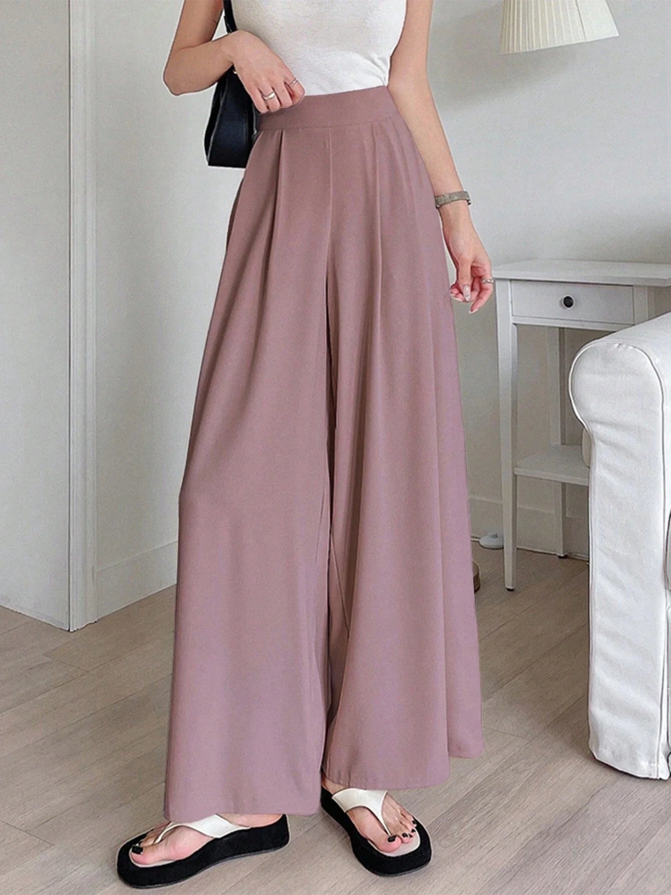 Buy SHEIN DAZY Solid Color Wide Leg Regular Pants, Suitable For Spring And Summer in Pakistan