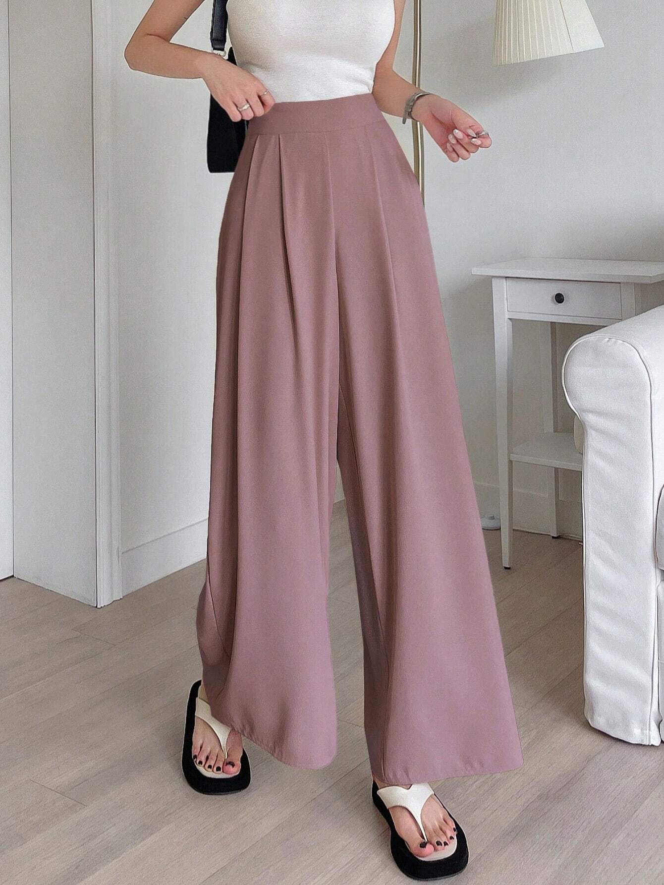 Buy SHEIN DAZY Solid Color Wide Leg Regular Pants, Suitable For Spring And Summer in Pakistan