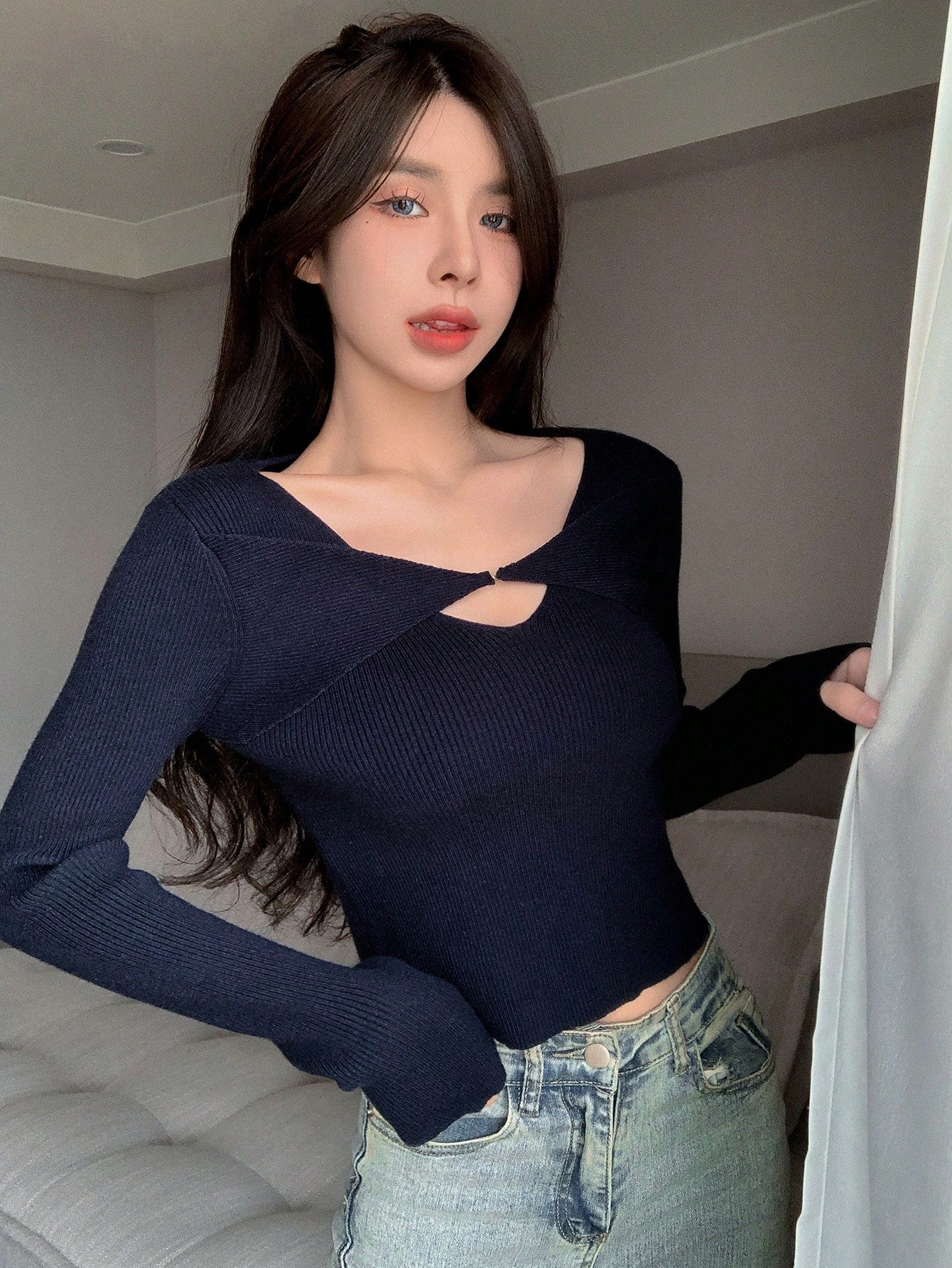 Buy SHEIN DAZY Solid Cut Front Ribbed Knit Sweater in Pakistan