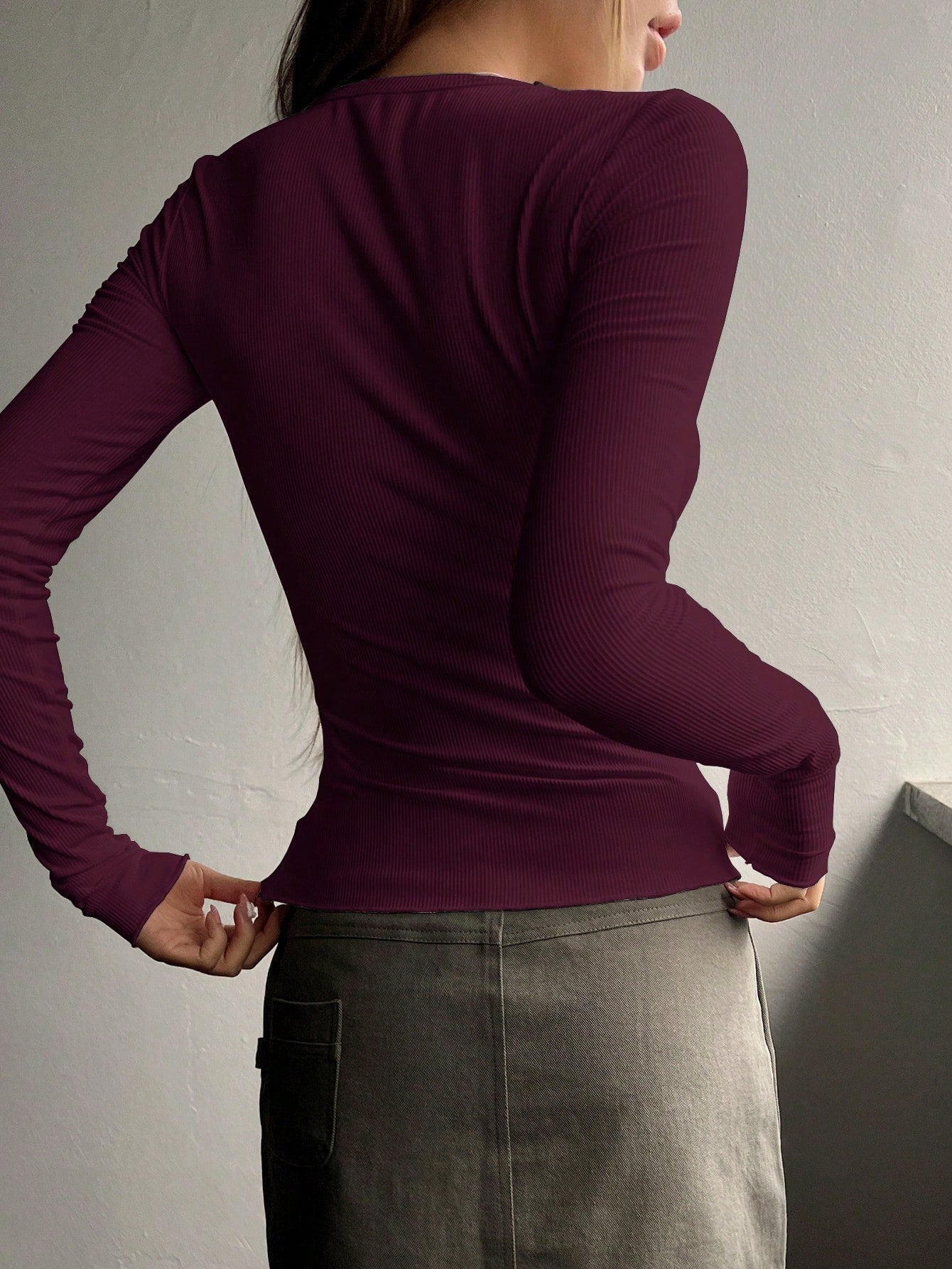 Buy SHEIN DAZY Solid Half Button Ribbed Knit Tee in Pakistan