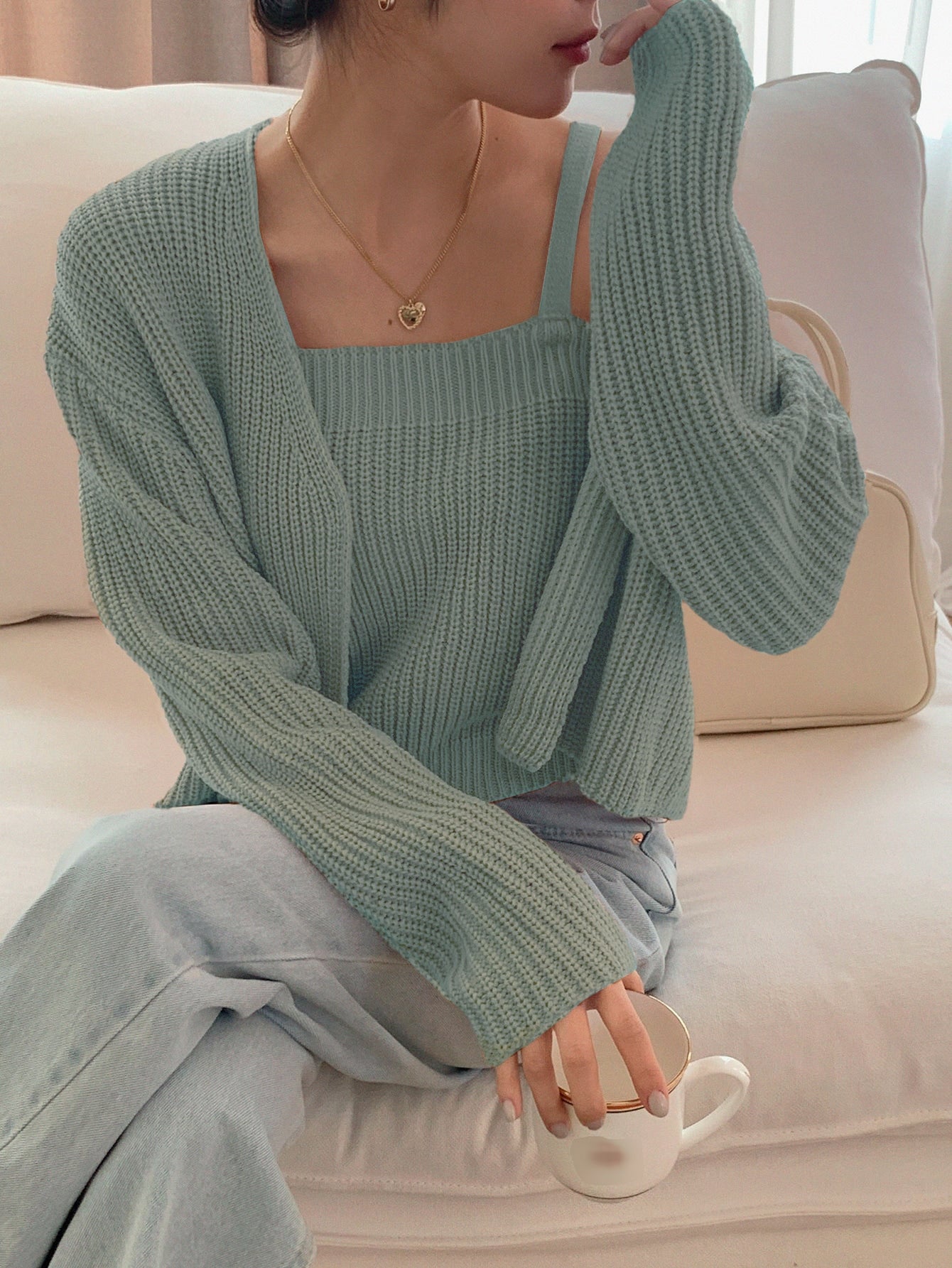 Buy SHEIN DAZY Solid Ribbed Cami Knit Top & Drop Shoulder Duster Cardigan in Pakistan