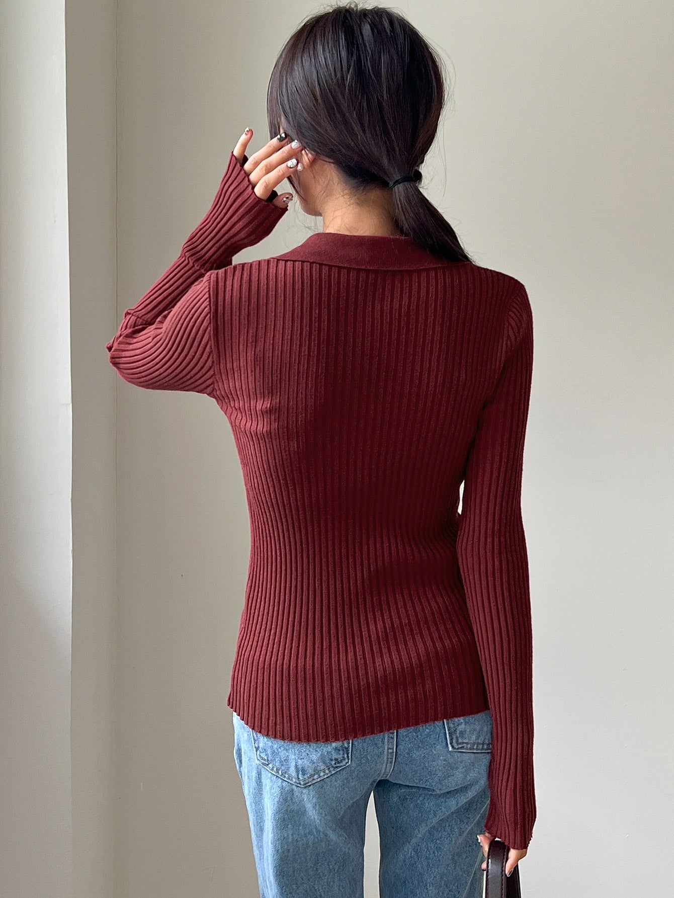 Buy SHEIN DAZY Solid Ribbed Knit Sweater in Pakistan